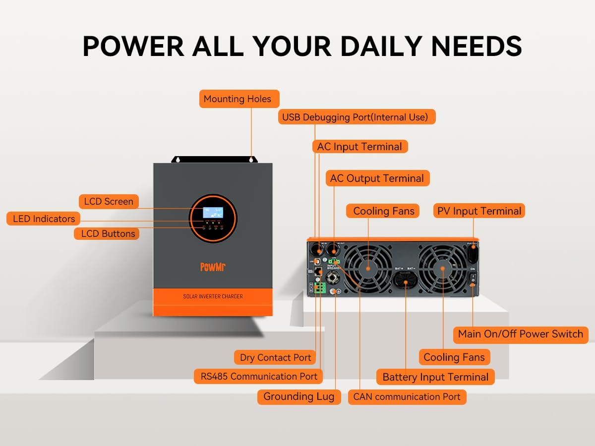 3000W Solar Inverter 24V to 110V,Pure Sine Wave Power Hybrid Inverter 3000 watt Built-in 80A MPPT Charge Controller Max PV Input 4KW 450V, for 24V Lead-Acid/Lithium Battery