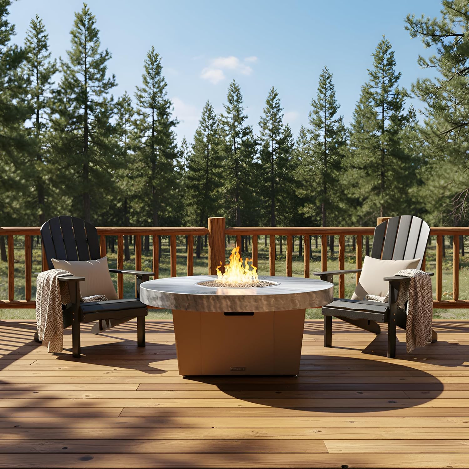 COOKE Parkway Circular Fire Pit Table - 48 Diam - Propane - Brushed Aluminum Top - Beige Powdercoat Base