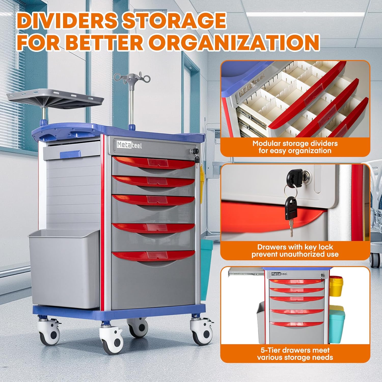Medical Crash Cart with Emergency Accessory - Cardiac Board, IV Pole, O2 Holder, Power Strip, Trash Bin, Drawers with Dividers, Lite Emergency Hospital Crash Cart for Hospitals and Clinics