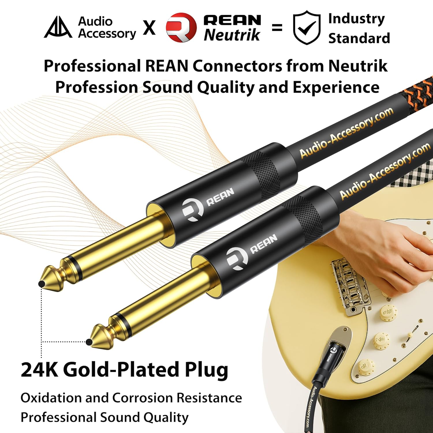 Pro Bass Guitar Cable 50 ft, Gold-Plated Neutrik REAN Connector, 18 AWG OFC, Braided 1/4 Inch Instrument Cable for Fender Electric Bass Guitar Combo Amp Rumble Marshall, Neon Orange/Black