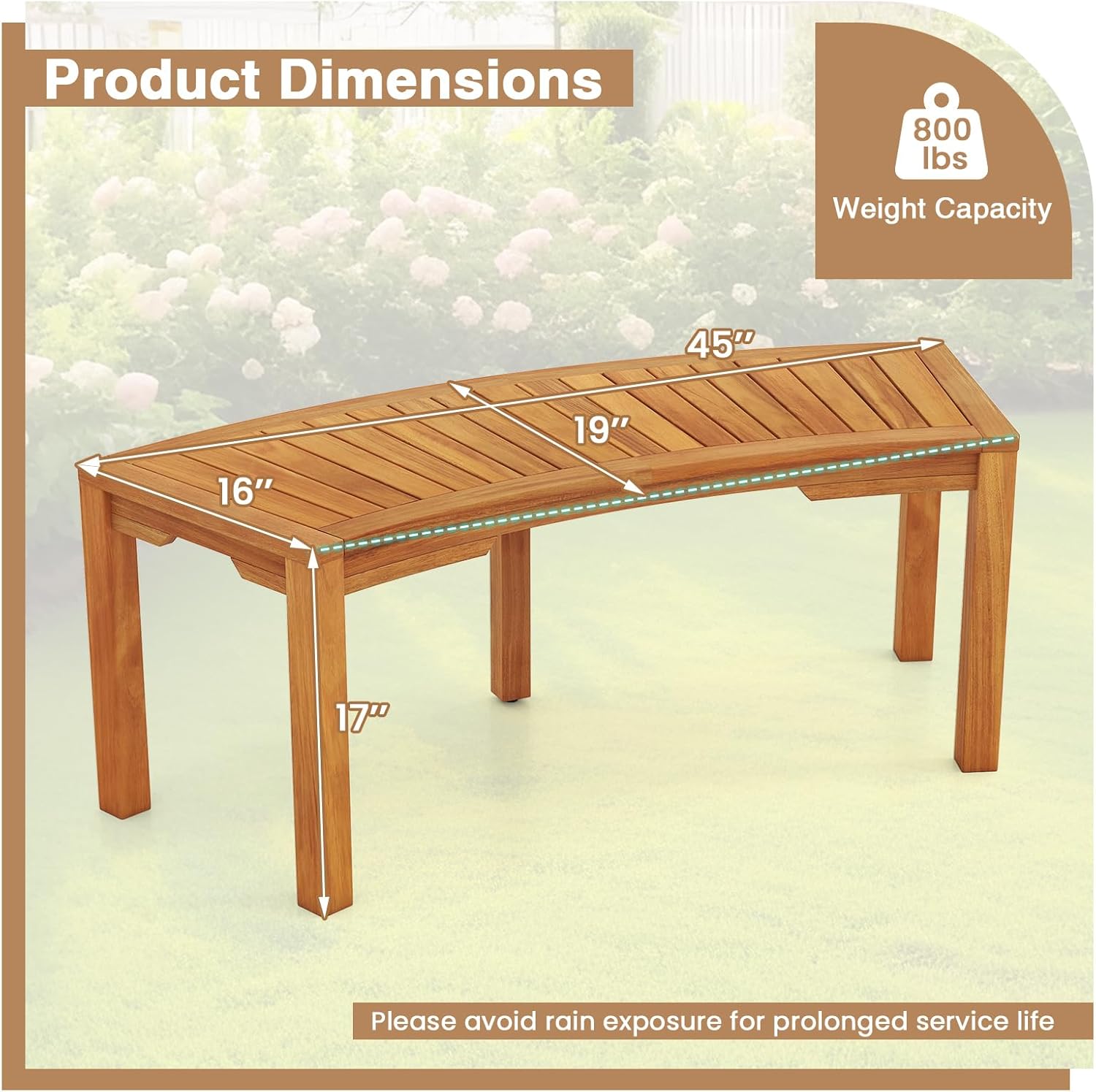 Moccha Outdoor Curved Bench, Acacia Wood Fire Pit Bench w/Slatted Seat, Loveseat, Outside Chair, Patio Backless 2-Person Seating for Balcony Yard Deck Porch 800 LBS Max Load (7, Natural)