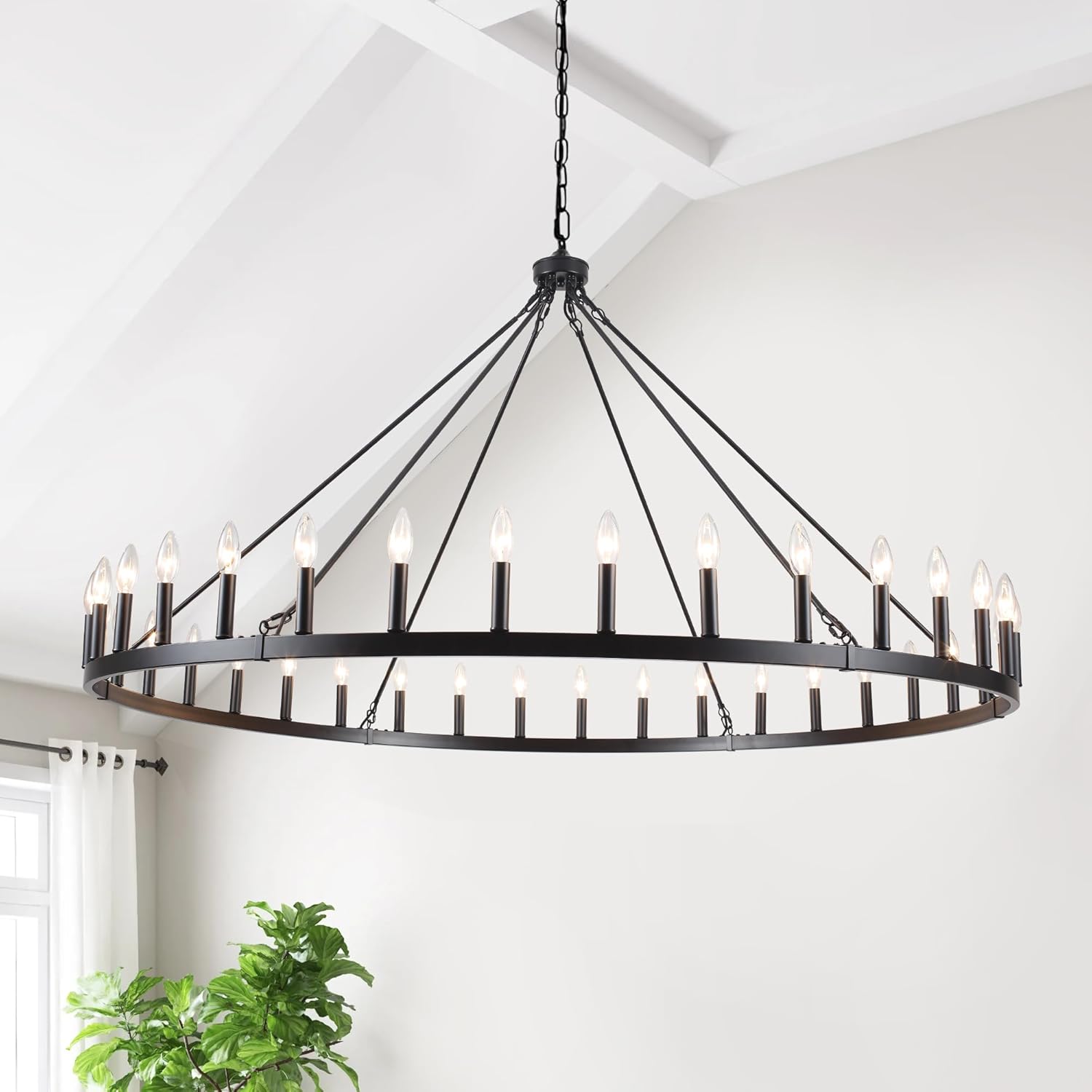 Black Extra Large Wagon Wheel Chandelier, 60 inch 36 Lights Farmhouse Chandelier, Industrial Candle Round Pendant Light Fixture for High Ceiling Living Room Dining Room Outdoor Porch Entryway Hallway