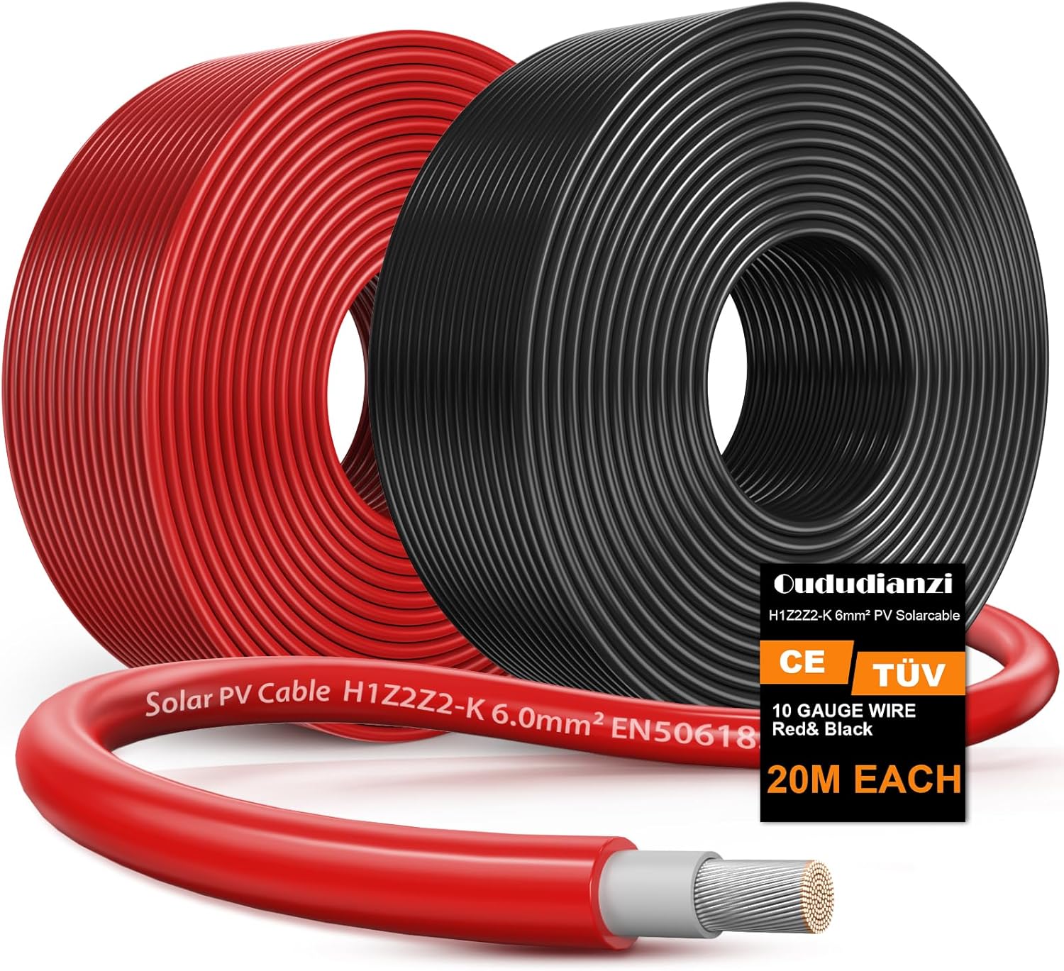 Oududianzi 2x65 Feet Solar Panel Wire, 10AWG Solar Wire Tinned Copper 10 Gauge Solar Cable PV Cable, for Outdoor Automotive RV Solar Panels Boat Marine (65FT Red + 65FT Black)