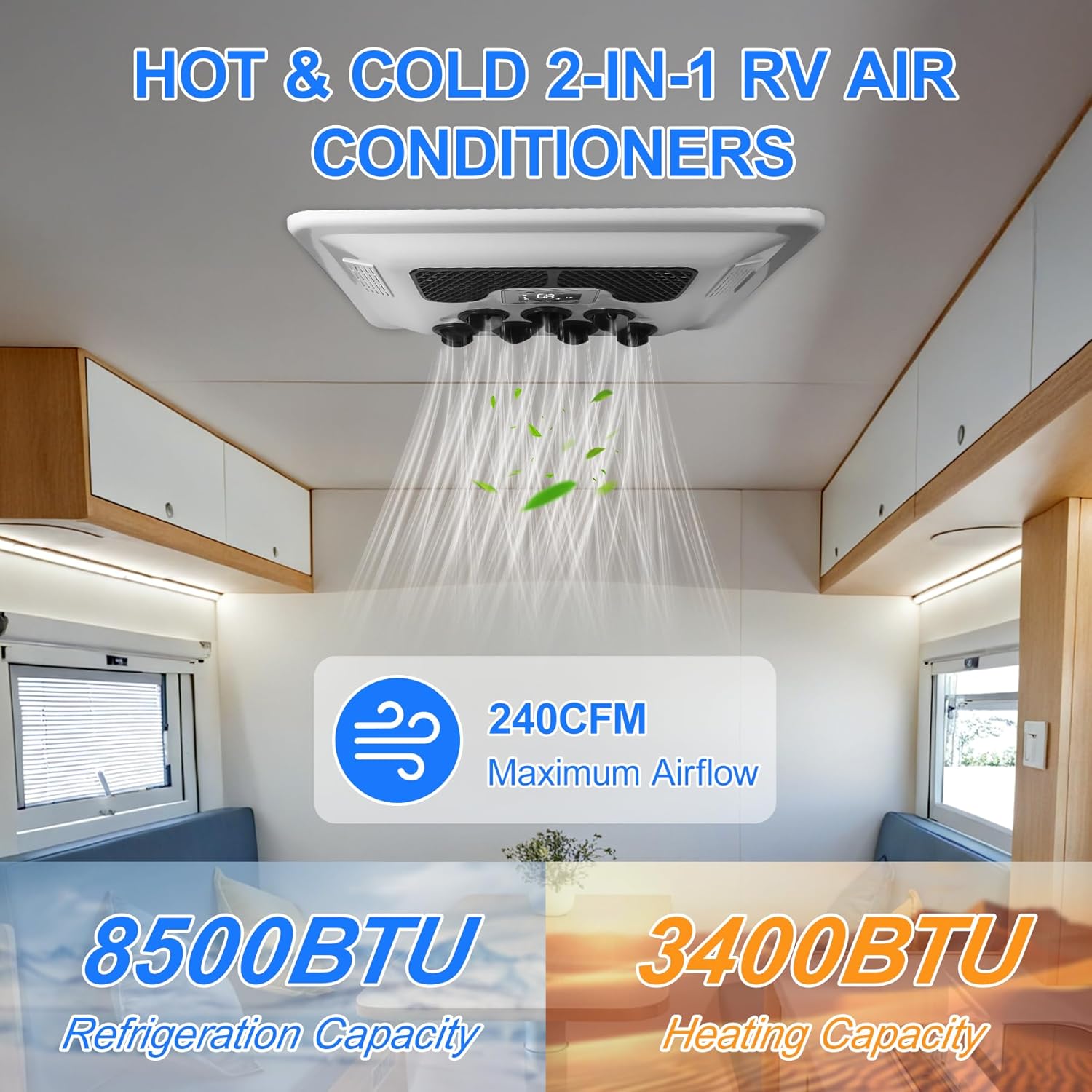24V Rooftop Air Conditioner, 8530 BTU Fahrenheit Ultra-Thin RV Air Conditioner, Easy Install Non-Ducted Electric Parking AC with Heating and Cooling for Campers, SUV & Travel Trailers, Etc. (24V)