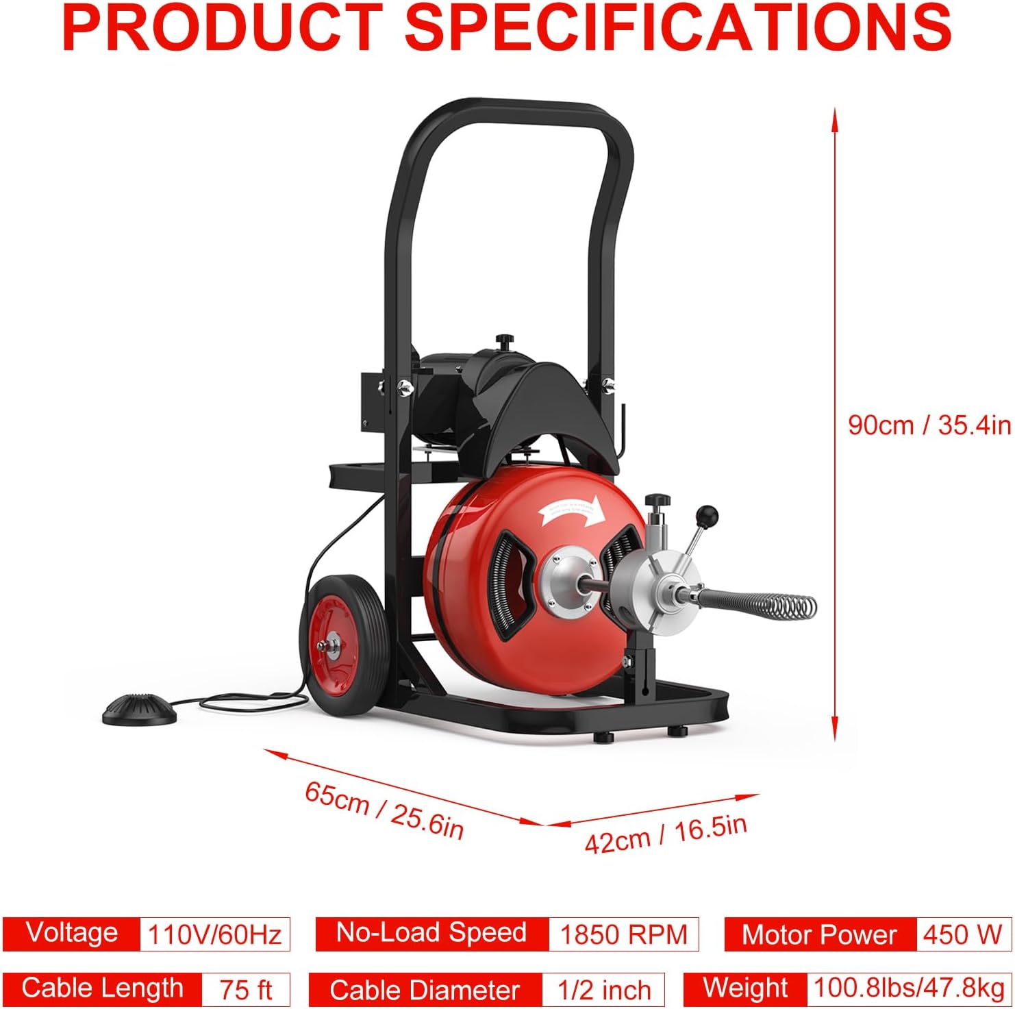 75Ft 1/2 Inch Electric Drain Cleaner Machine, 450w Portable Sewer Snake with Auto-Feed System, Air-Activated Foot Switch & 5 Cutters for 2