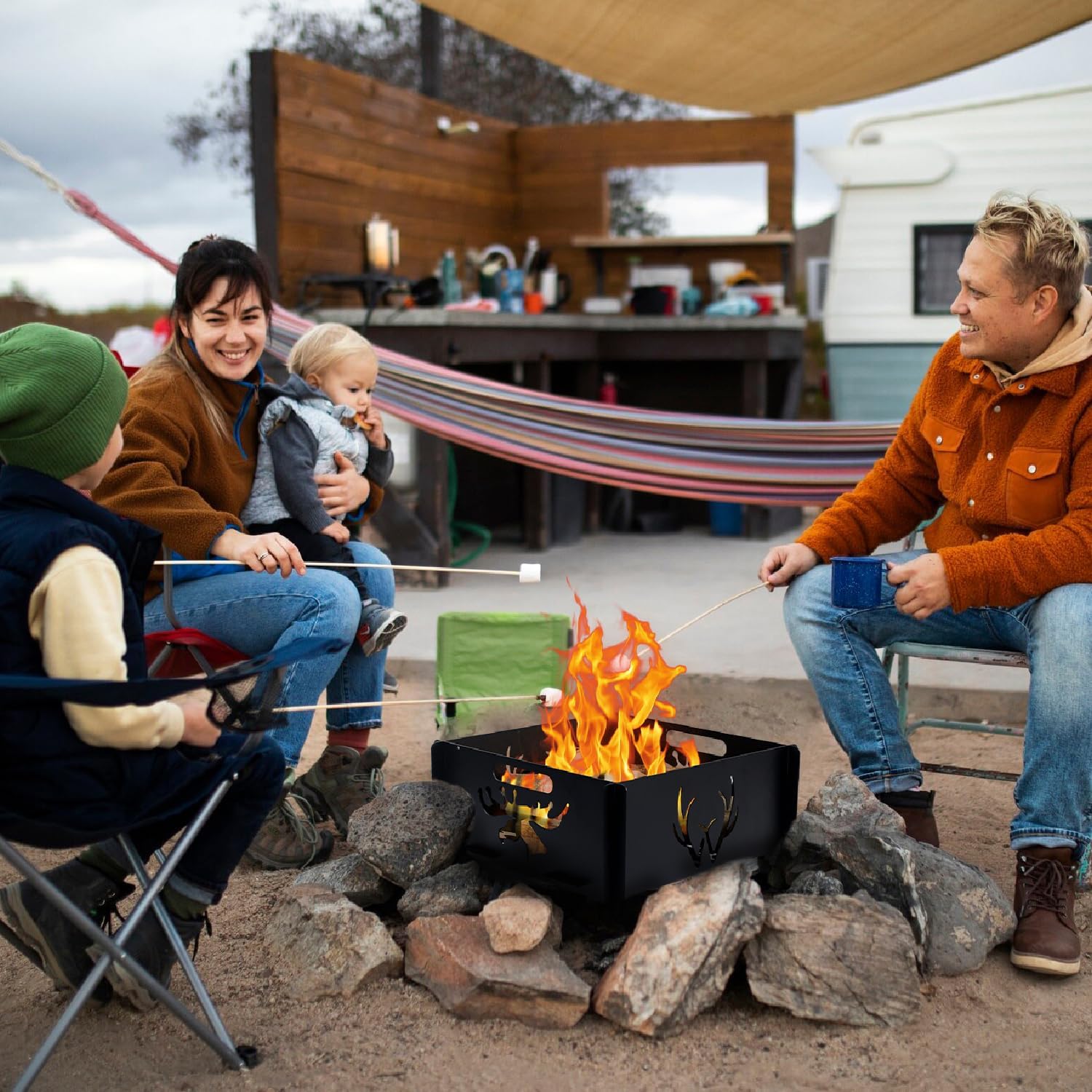 24 inch Portable Square Fire Pit Outdoor Foldable Plug Fire Pit Suitable for Camping, Picnic, Backyard, Garden Bonfires and Outdoor Wood Burning with Storage Bag