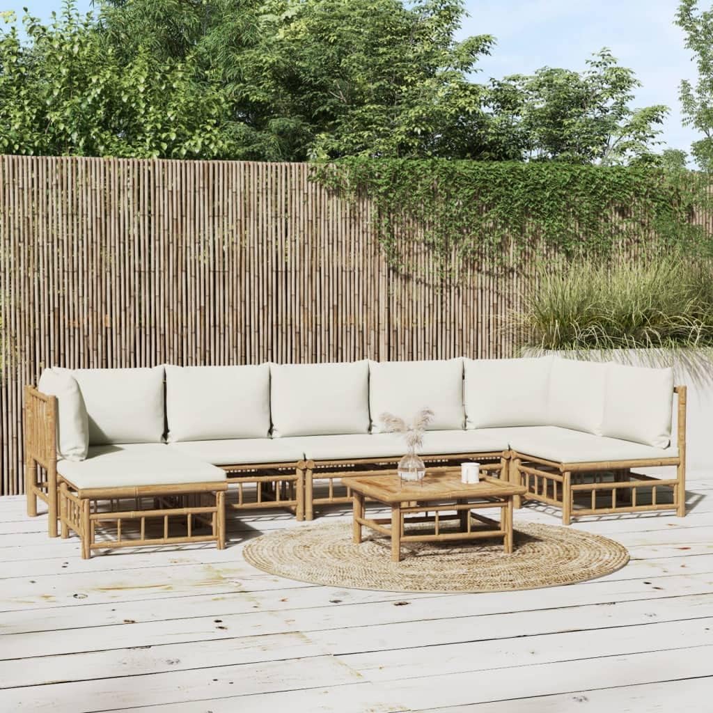 8 Piece Patio Lounge Set with Cream White Cushions Bamboo,Elegant Bamboo Patio Lounge Set: Comfort and Style for Your Outdoor, Patio Furniture Sets, Outdoor Furniture Sets