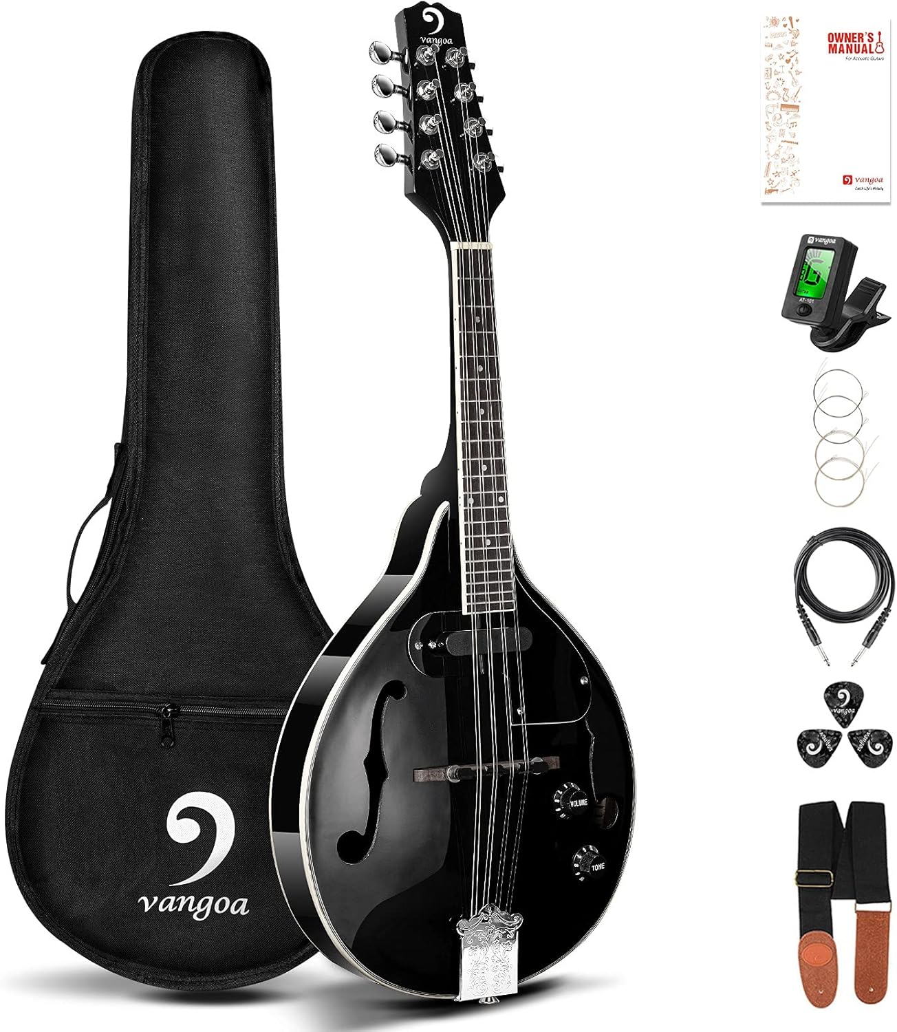 Vangoa Mandolin Instrument Mahogany Acoustic Electric A Style Mandolin Musical Instrument for Beginner Adults Teens Kids, Black