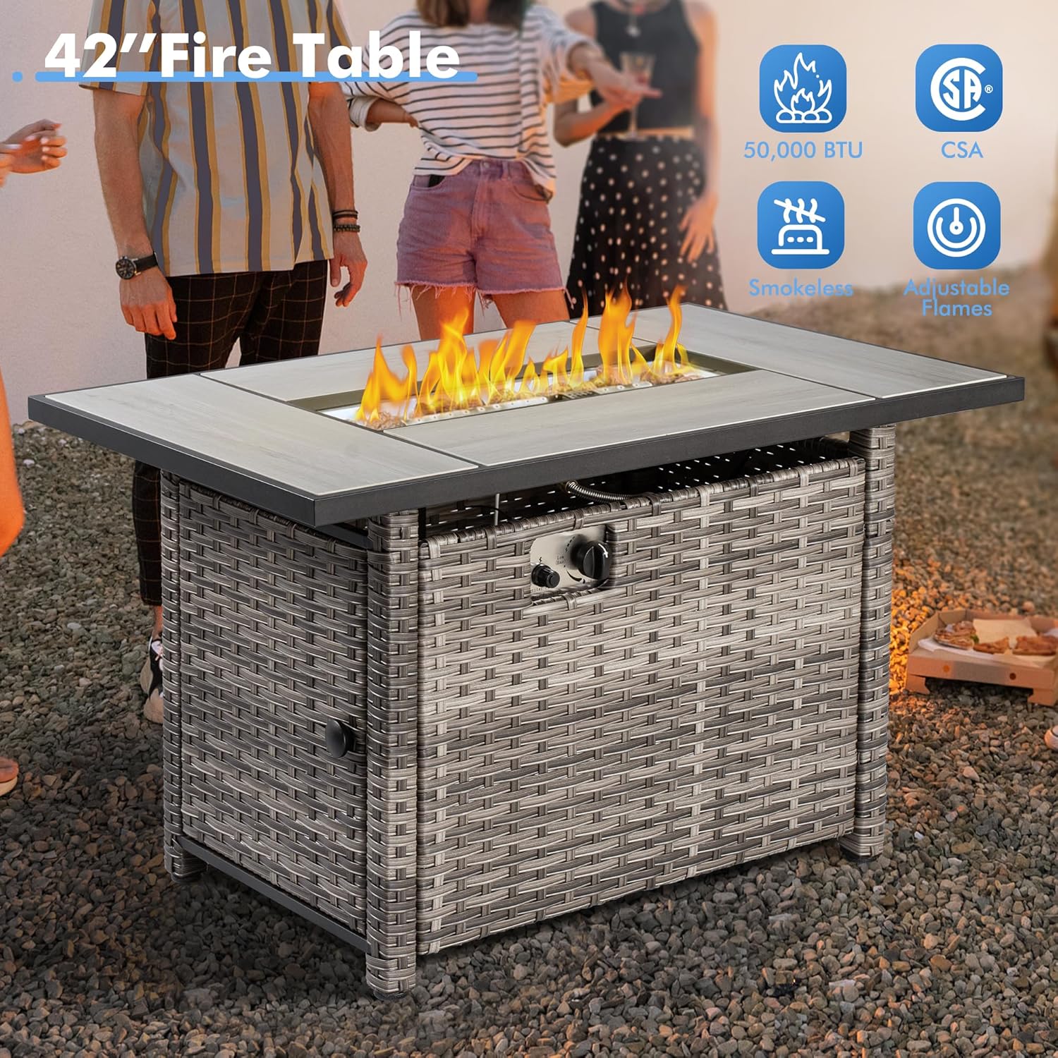 7 Pieces Patio Furniture Set with Fire Pit Table,Outdoor Furniture with Swivel Rocking Chairs,Outside Wicker Conversation Sets with Comfy Cushions,Grey