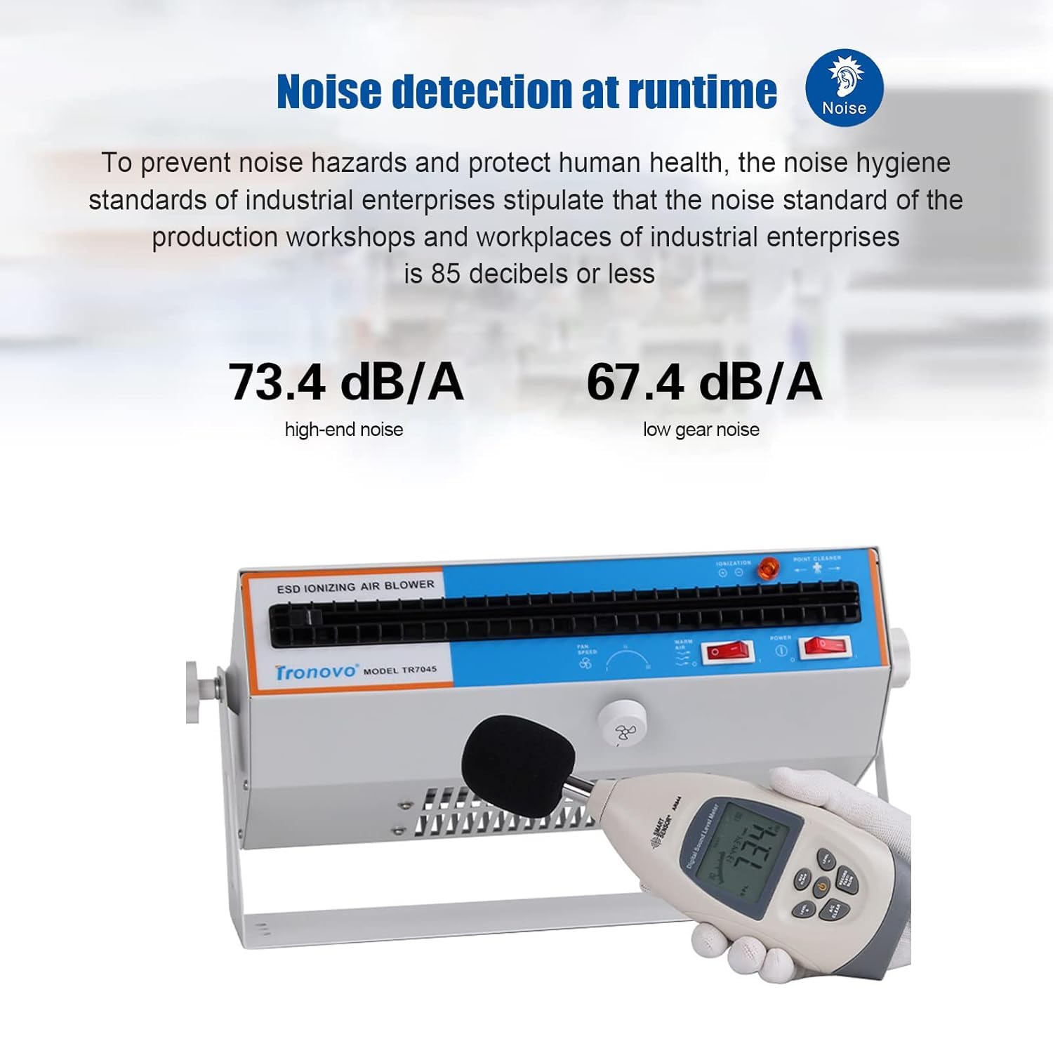 Anti-Static Ion Fan with Adjustable Airflow, Warm Air and Self-Cleaning Brush for Static Electricity Elimination in Electronic Production Lines and Maintenance Stations