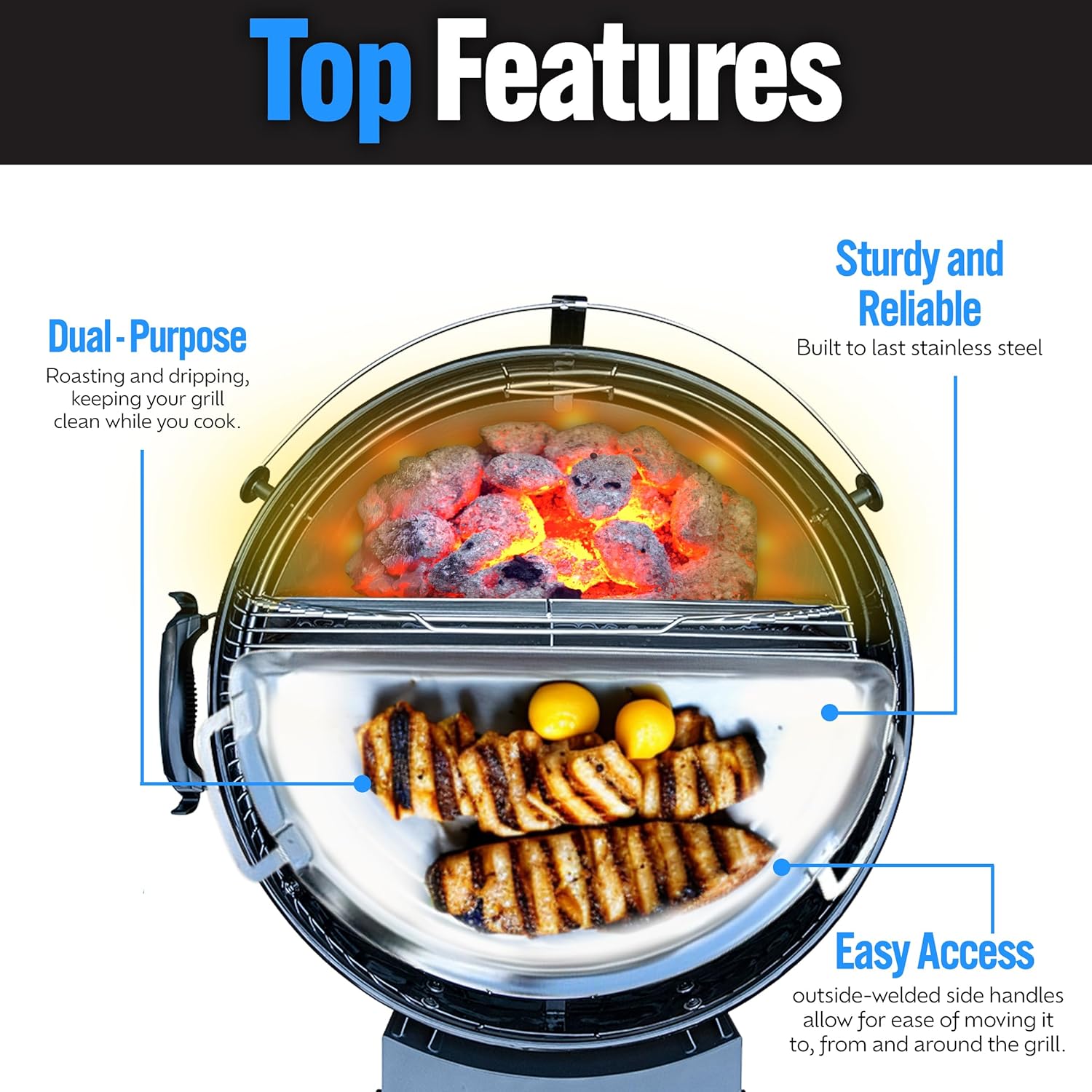 SnS Grills Drip 'N Griddle Pan - 3-in-1 Kettle Grill Accessory for Searing, Dripping, and Griddling, Dishwasher Safe Stainless Steel BBQ Accessory Ideal for 22