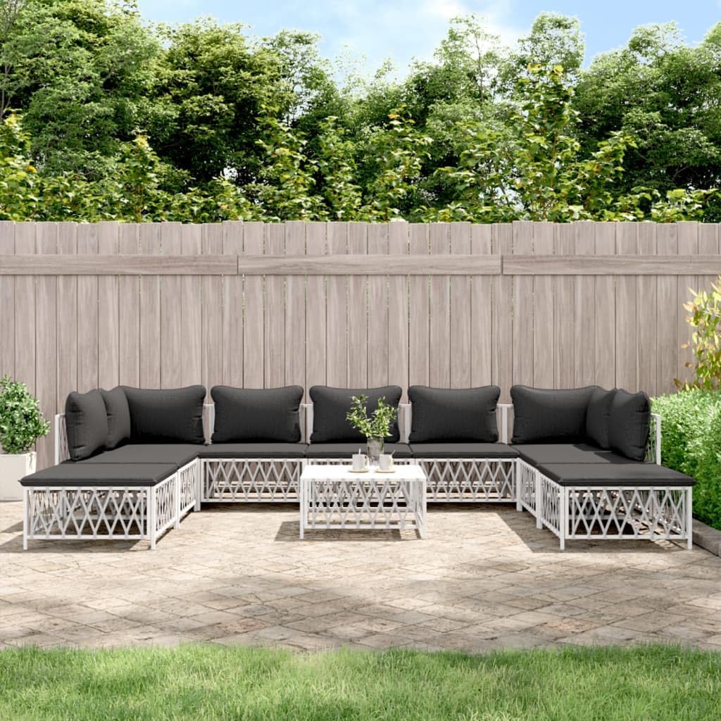 10 Piece Patio Lounge Set with Cushions White Steel, Patio Furniture Sets, Outdoor Furniture