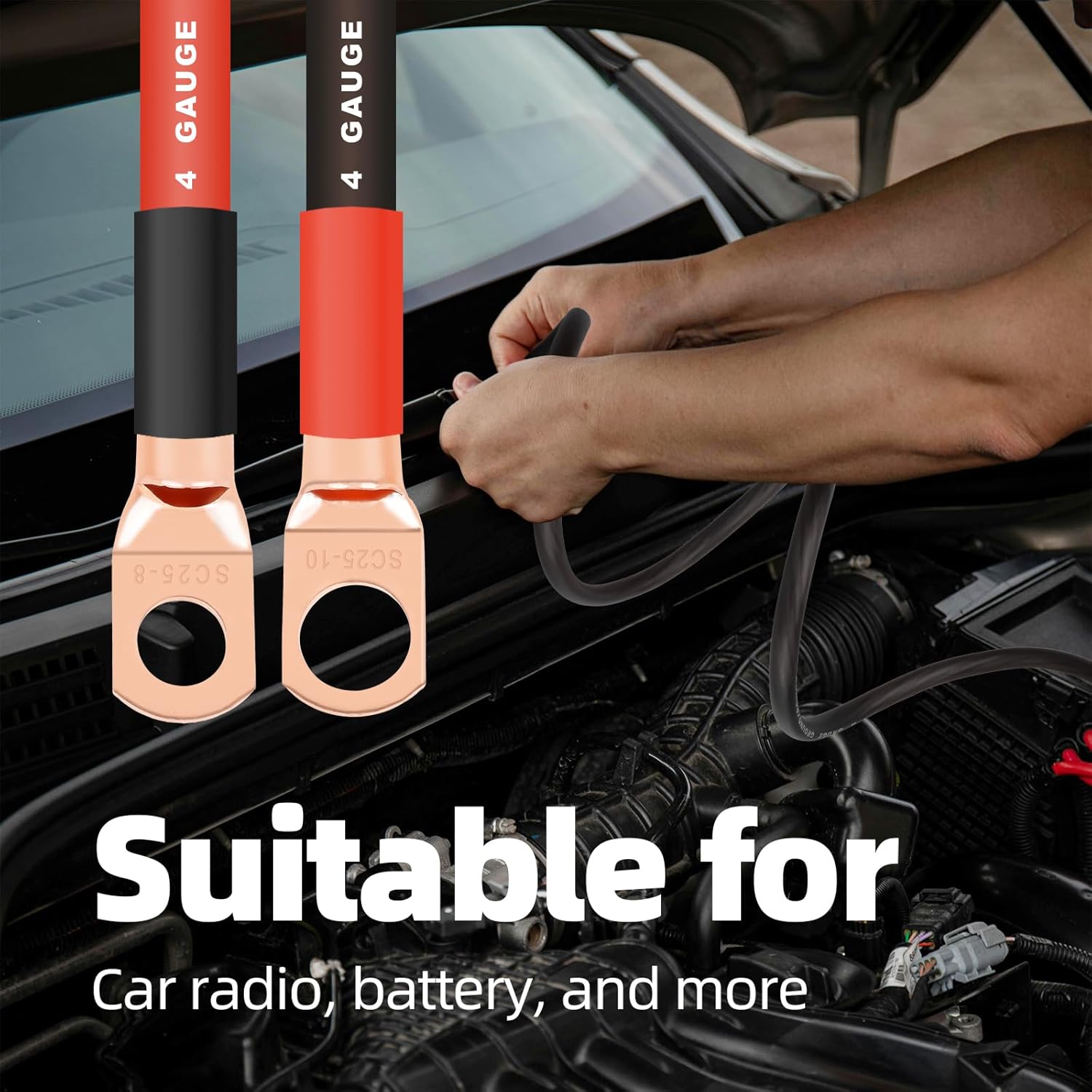 4 Gauge Wire (50FT Each, Black/Red) SGANGCAR True Spec Power Ground Wire Cable with 20 Lugs, 20 Heat Shrink Wrap,Copper Clad Aluminum CCA,for Power/Auto,Amplifier,Car Audio Speaker,Ground Cable