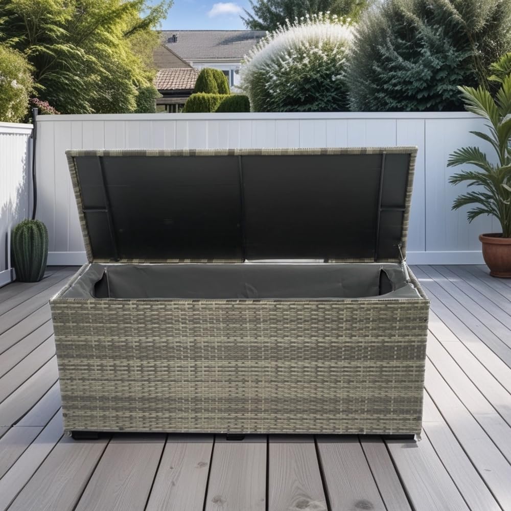 113 Gallon Outdoor Storage Box, Wicker Deck Box with Lid for Cushions, Toys, Towels, and Patio Supplies