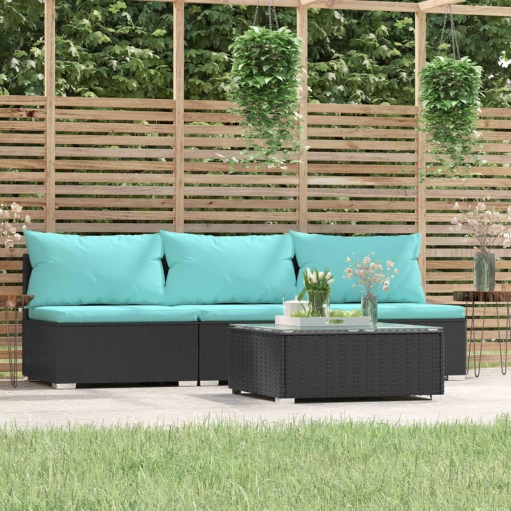 Patio Furniture Set 4 Piece with Cushions Black Poly Rattan Garden Furniture