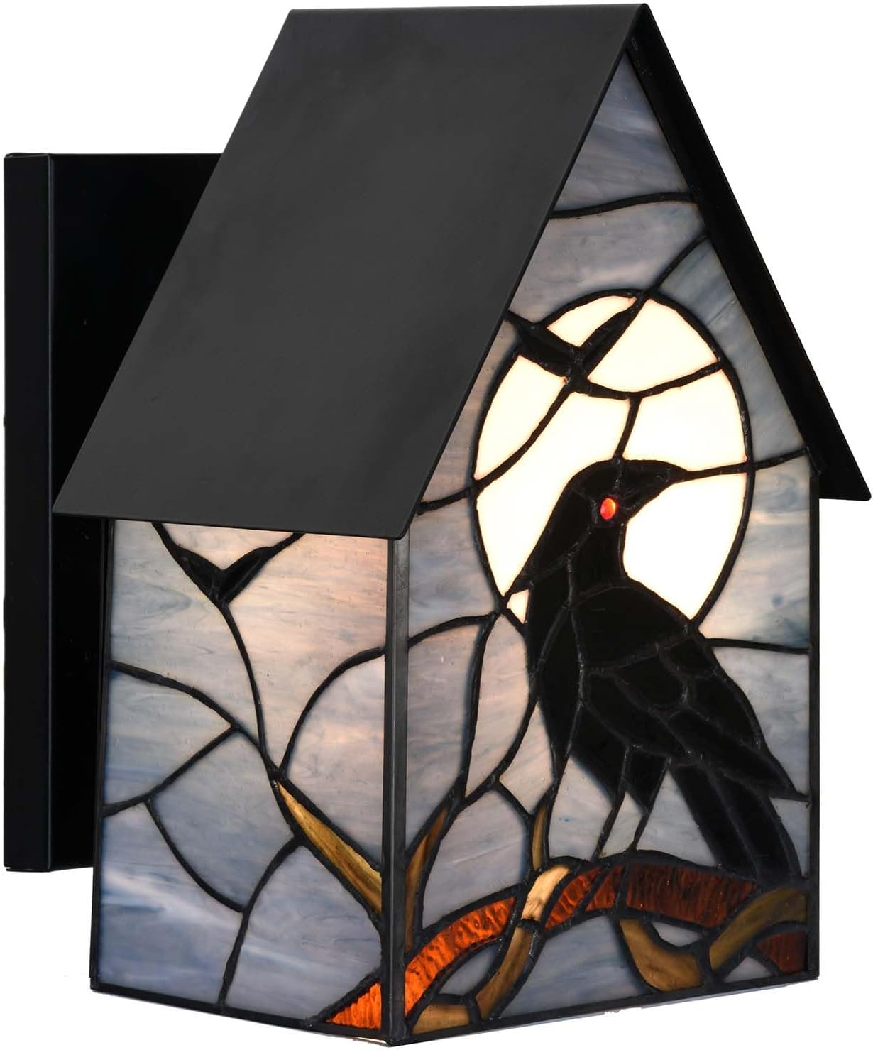 Bieye L10986 Tiffany-Style Stained Glass Outdoor Wall Sconce, Raven Porch Light for Front Door Entryway Patio (Dark Blue Moonlit Night, 6.25