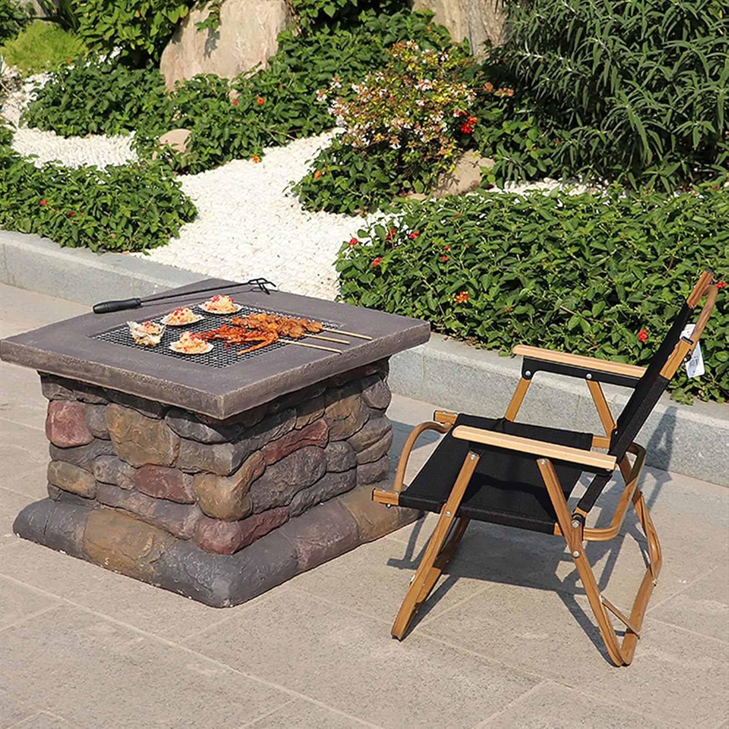 Fire Pit Table Set w/Spark Screen, Fireplace Poker, Grill Grate, Outdoor Wood Burning Bonfire Firebowl, for Patio,Backyard,Garden,Beach,Camping,Picnic