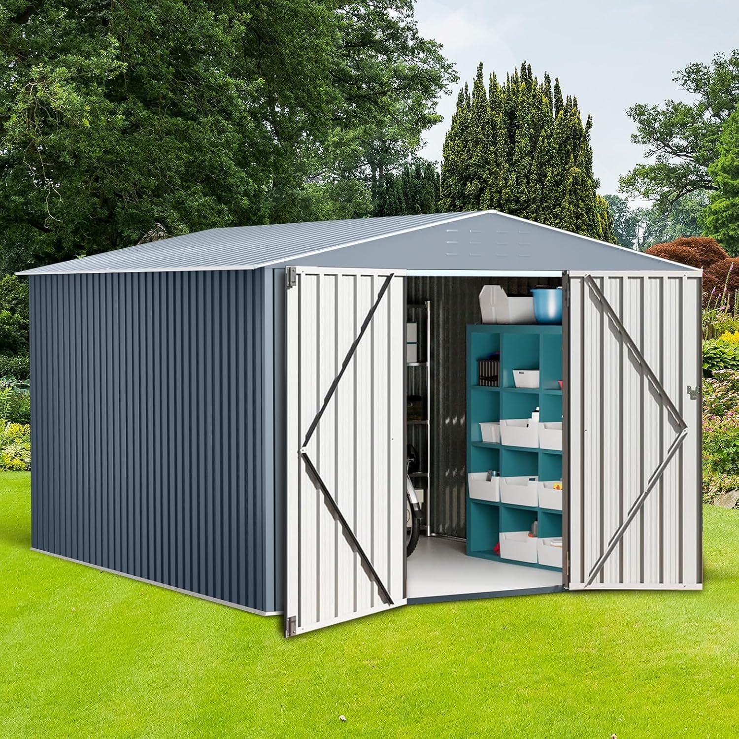 10 x 12 FT Outdoor Metal Storage Shed, Extra Large Galvanized Steel Garden Shed with Lockable Doors, Weatherproof Utility Tool Shed for Patio, Lawn, Backyard, Outdoor Storage, Brown