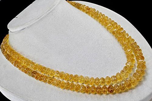 2 Line Natural Yellow Citrine Carved Round Beads Necklace 18 INCHES 13 MM to 7 MM