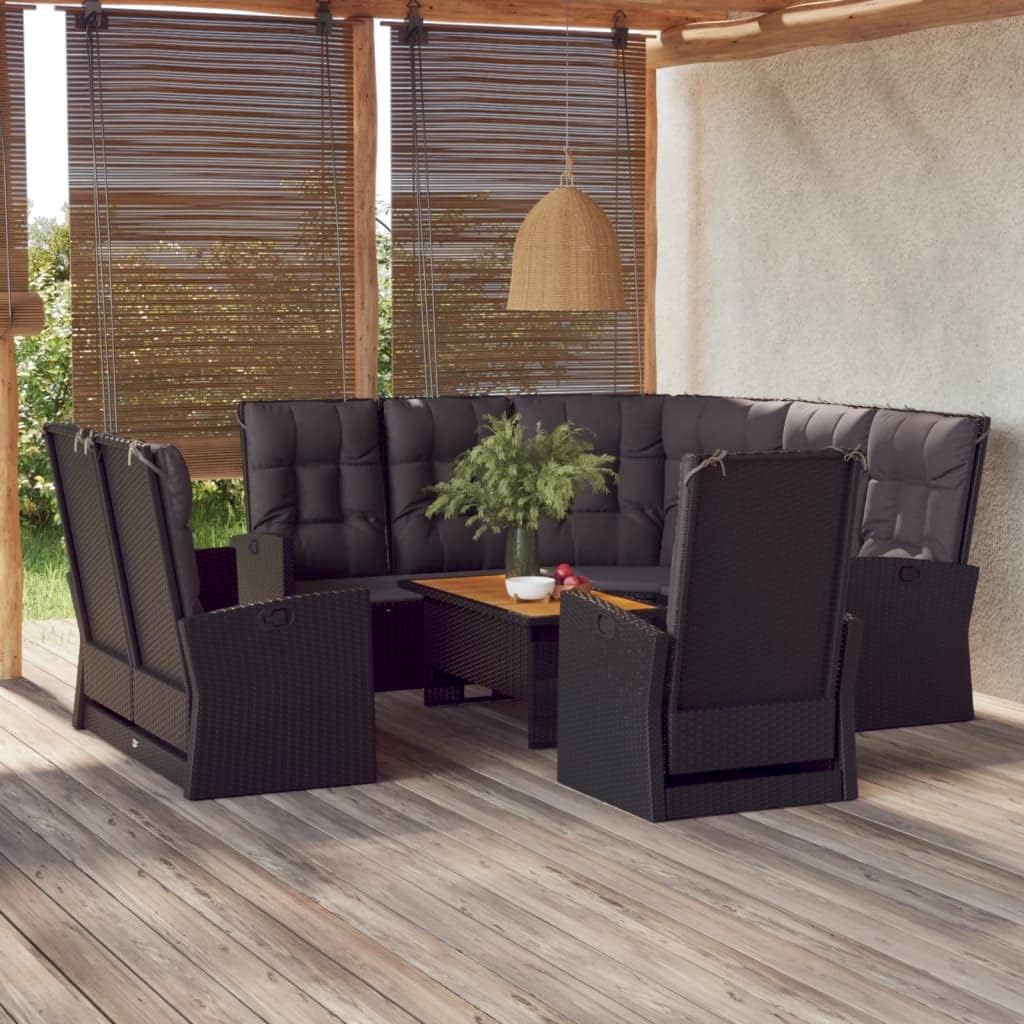 4 Piece Patio Lounge Set with Cushions Black Poly Rattan, Patio Furniture Sets, Outdoor Furniture
