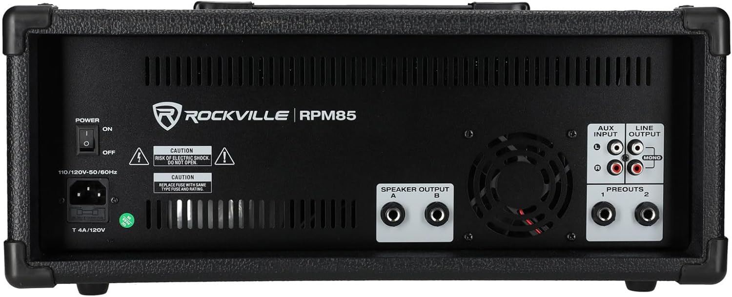 Rockville RPM85 2400W Powered 8 Channel Mixer, Bluetooth, USB/SD, 5 Band EQ, Adjustable Echo/Delay, +15V Phantom Power, for Live Music and Events