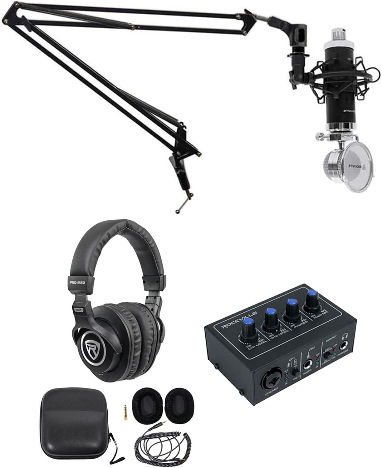 Rockville ROCK-U Mini Bundle: 2x2 USB Recording Interface 24 Bit 192kHz, RCM03 Condenser Microphone w/Shock Mount, PRO-M50 Studio Headphones, DMS40 40 in Boom Arm Stand for 1-Person Podcast, 4-Items