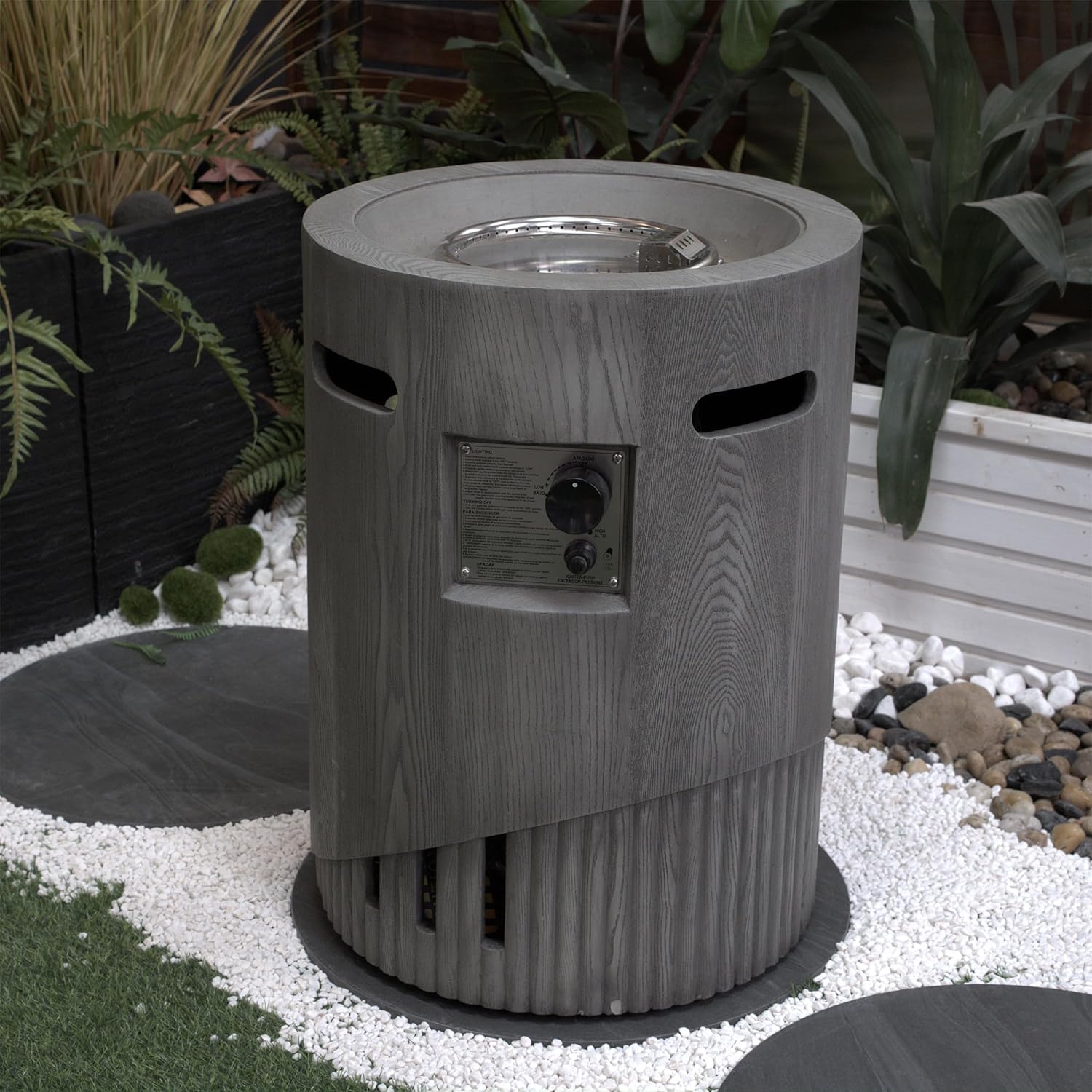 32,000 Btu Outdoor Gas Fire Pit with 20 Inches Round Design, CSA Certified, Antique Dark Grey Cultured Stone Finish, Includes Lava Rocks & Rainproof Cover – Patios (1 Doors)