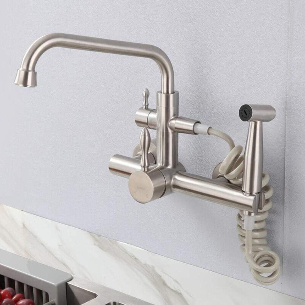 Wall-Mounted Kitchen Faucet with Spray Gun Hot Water Tap 304 Brushed Stainless Steel Curved Laundry/Pool Hose Durable & Stylish Design for Modern Kitchens