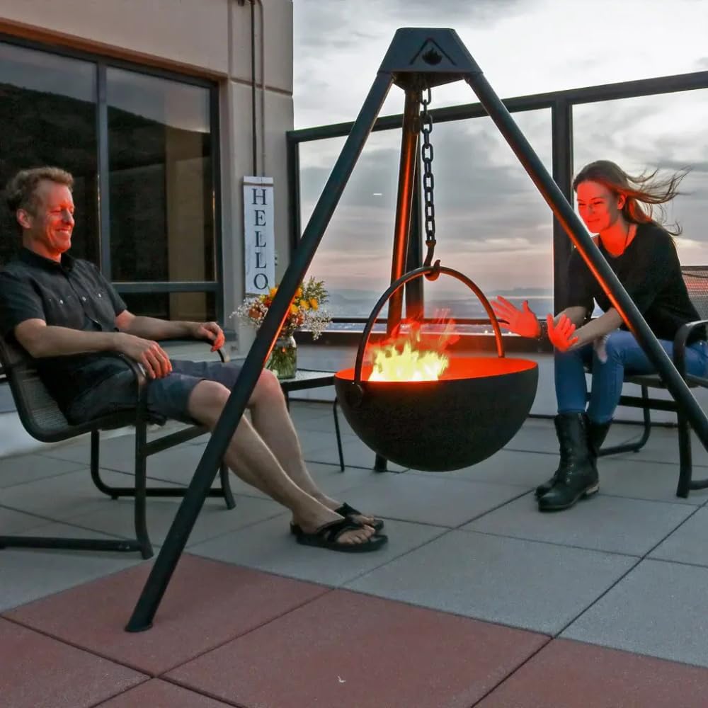 Cowboy Cauldron The Dude Fire Pit & Grill - Smokeless Fire Pit for Outside with Steel Cauldron, Tripod Legs, and Charcoal Grate - Outdoor Fireplace for Patio, Bonfire, and Cooking