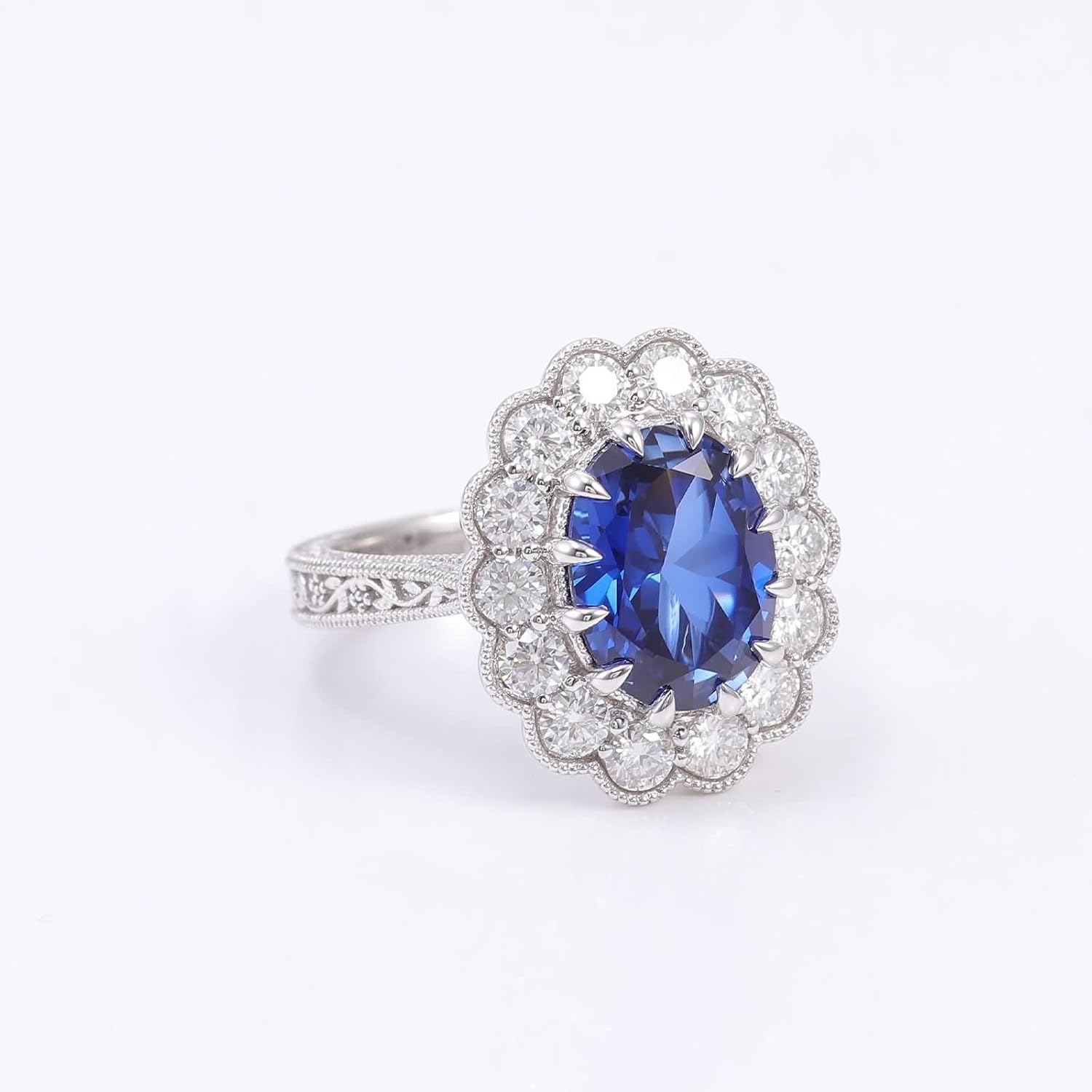 Flower Ring Women, Engagement Ring Vintage Created Sapphire Silver Band 9K White Gold for Wedding