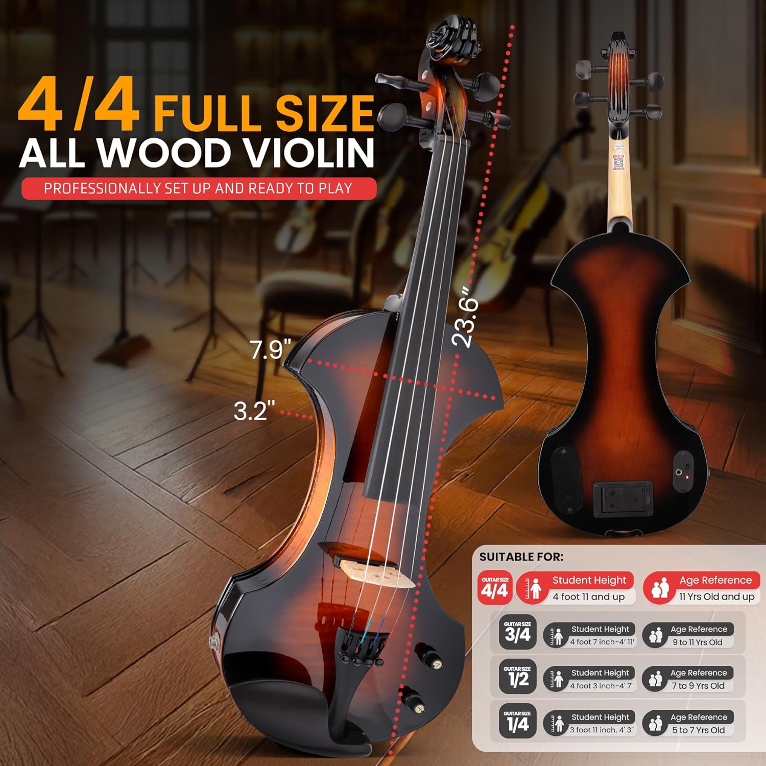 Pyle 4/4 Silent Electric Violin with Amplifier Kit, Solid Wood Fiddle with 10W Amp and Complete Accessories, Full Size Orchestral String Instrument For Beginner & Professional Use
