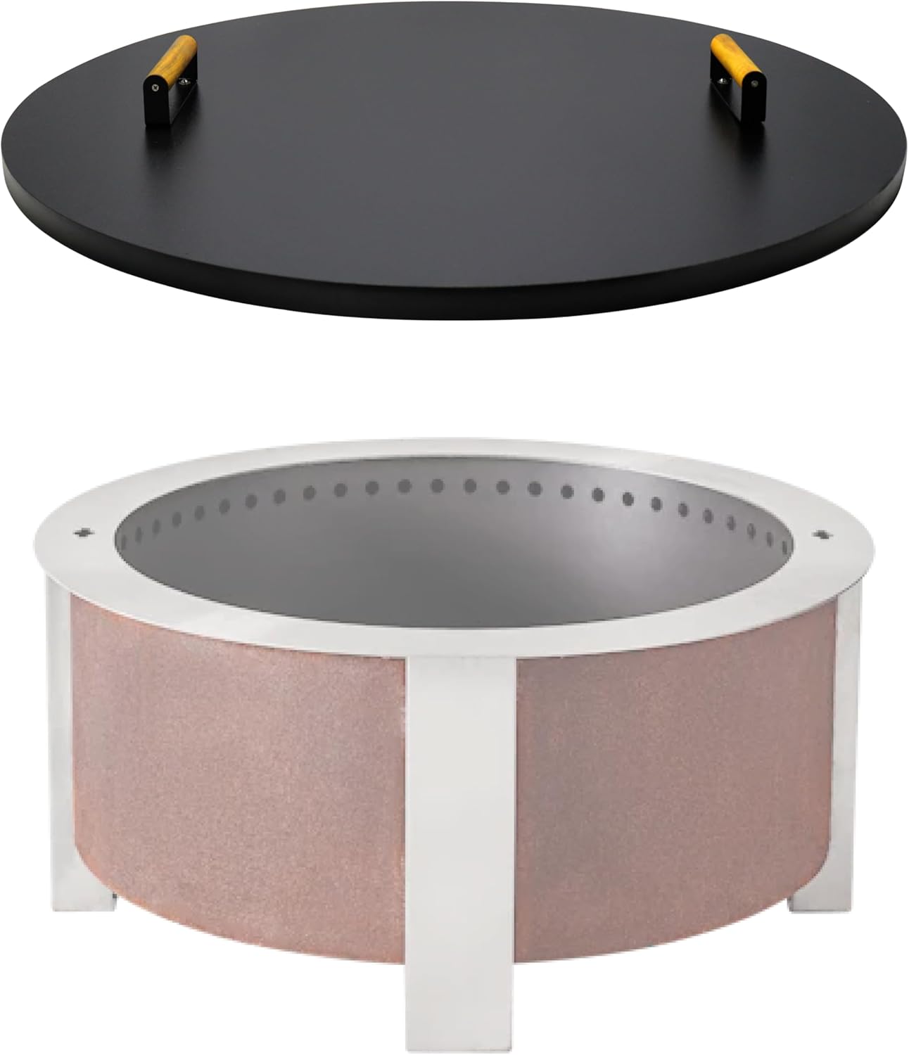 35” Fire Pit Cover Lid Round - Fit for 34.5 Round FirePit Lid for Outdoor Fireplace Cover Lid Steel fire pit metal cover W/ 2 Wooden Handles & Powder Coating Snuffer Lid for Patio Fire Pit Ring