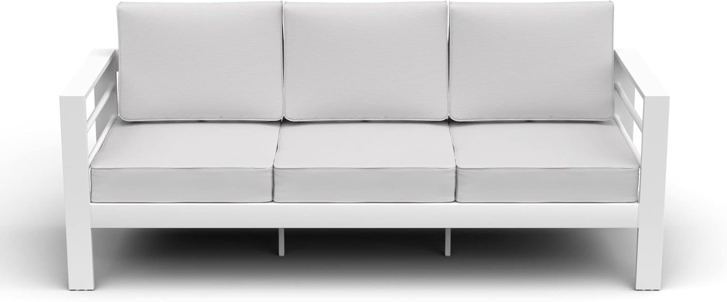 Amopatio Patio Furniture Metal Couch, 3-Seat All-Weather Modern Aluminum Outdoor Sofa Chair w/ 5 Inch Cushions, White and Light Grey (Include Waterproof Sofa Covers)