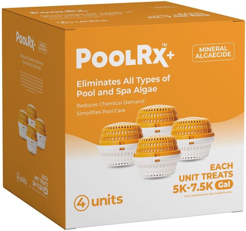 PoolRx+ Mineral Algaecide 4-Unit Pack, up to 6-Month Algae Control, for 5K-7.5K gallons, Orange & White, New Formula with Silver.