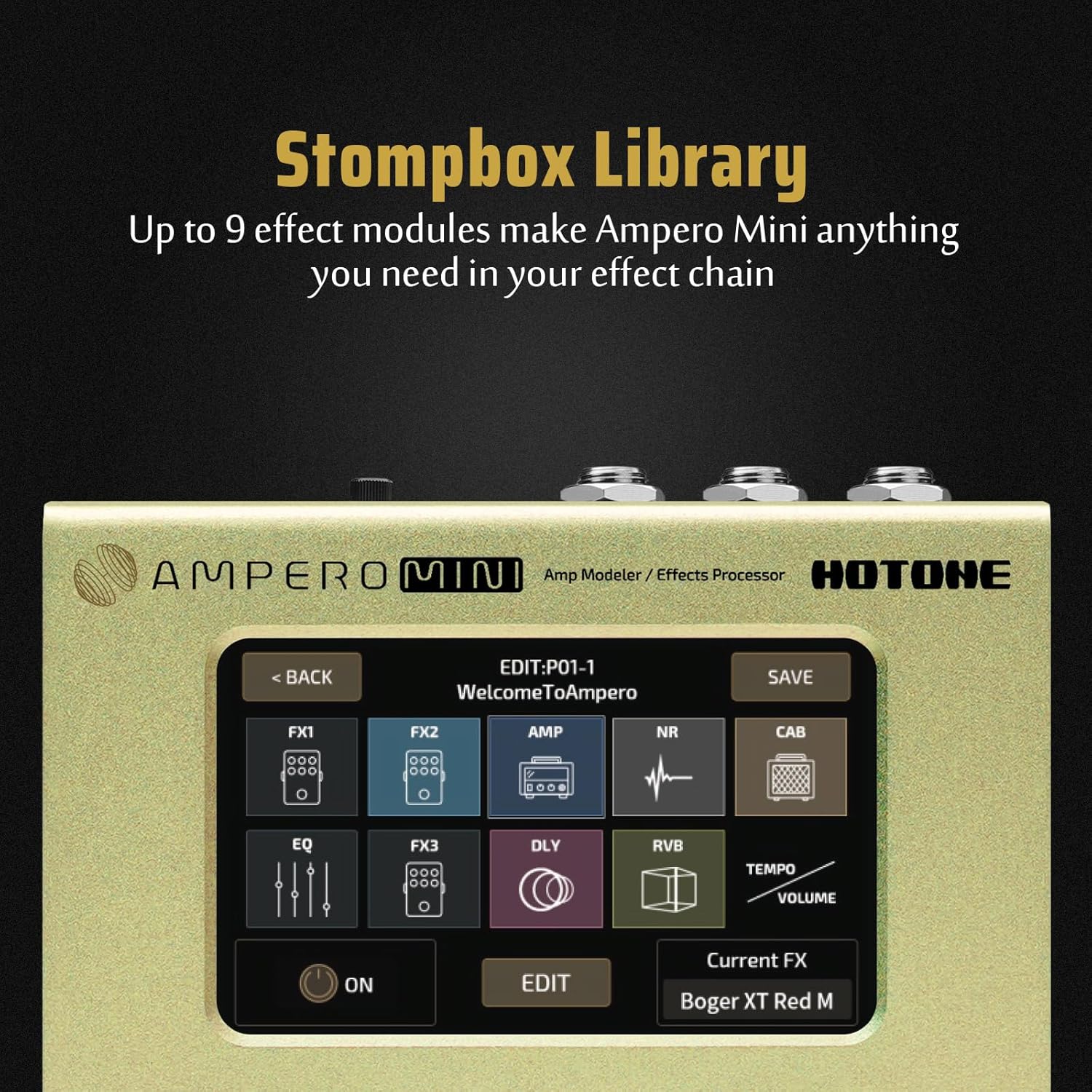 Hotone Guitar Bass Processor Multi-Effects Touch Screen Guitar Bass Amp Modeling IR Cabinets Simulation Stereo OTG USB Audio Interface Multi Language Ampero Mini (Mustard)