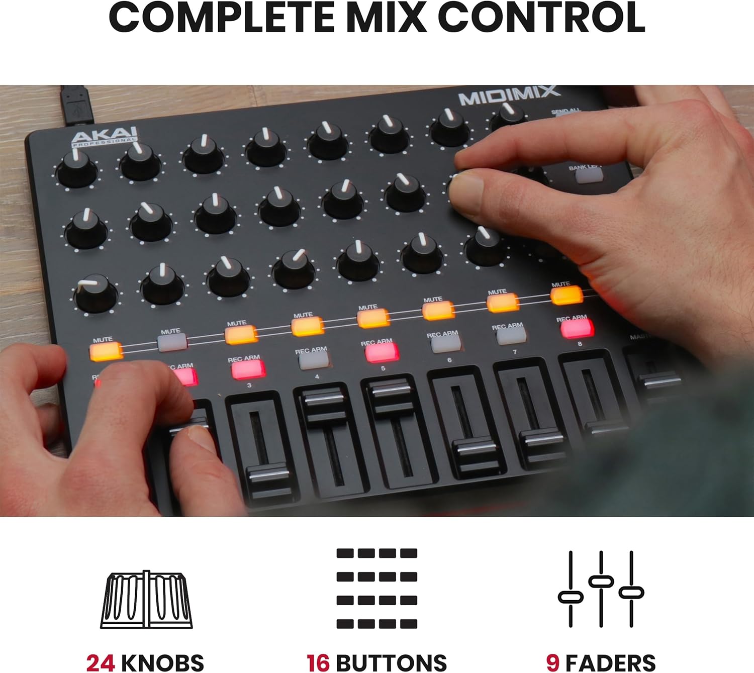 Akai Professional MIDImix - USB MIDI Controller Mixer with Assignable Faders & Master Fader, 24 Knobs and 16 Buttons, 1 to 1 Mapping With Ableton Live