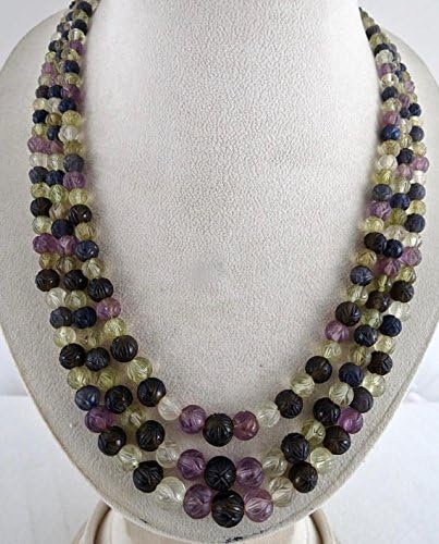 3 Line Natural Multi Color Amethyst Citrine Iolite Etc Carved Beads Necklace 22 inches 10MM to 5MM