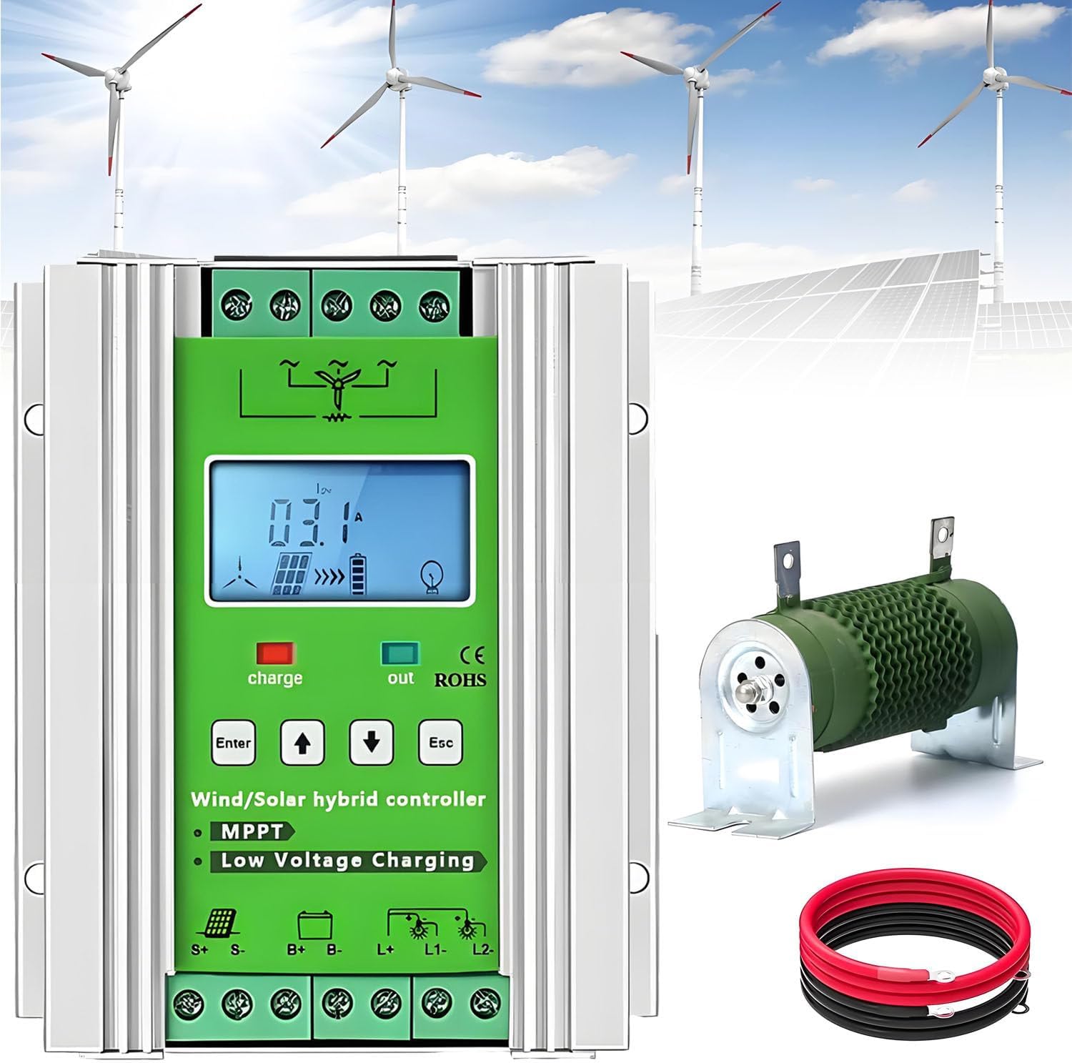 16000W Wind Solar Hybrid Controller,LCD Display MPPT Boost Charging Multifunctional Wind Solar Controller,with Booster Function and Dump Load,for Home,Boat,Street Light 24V