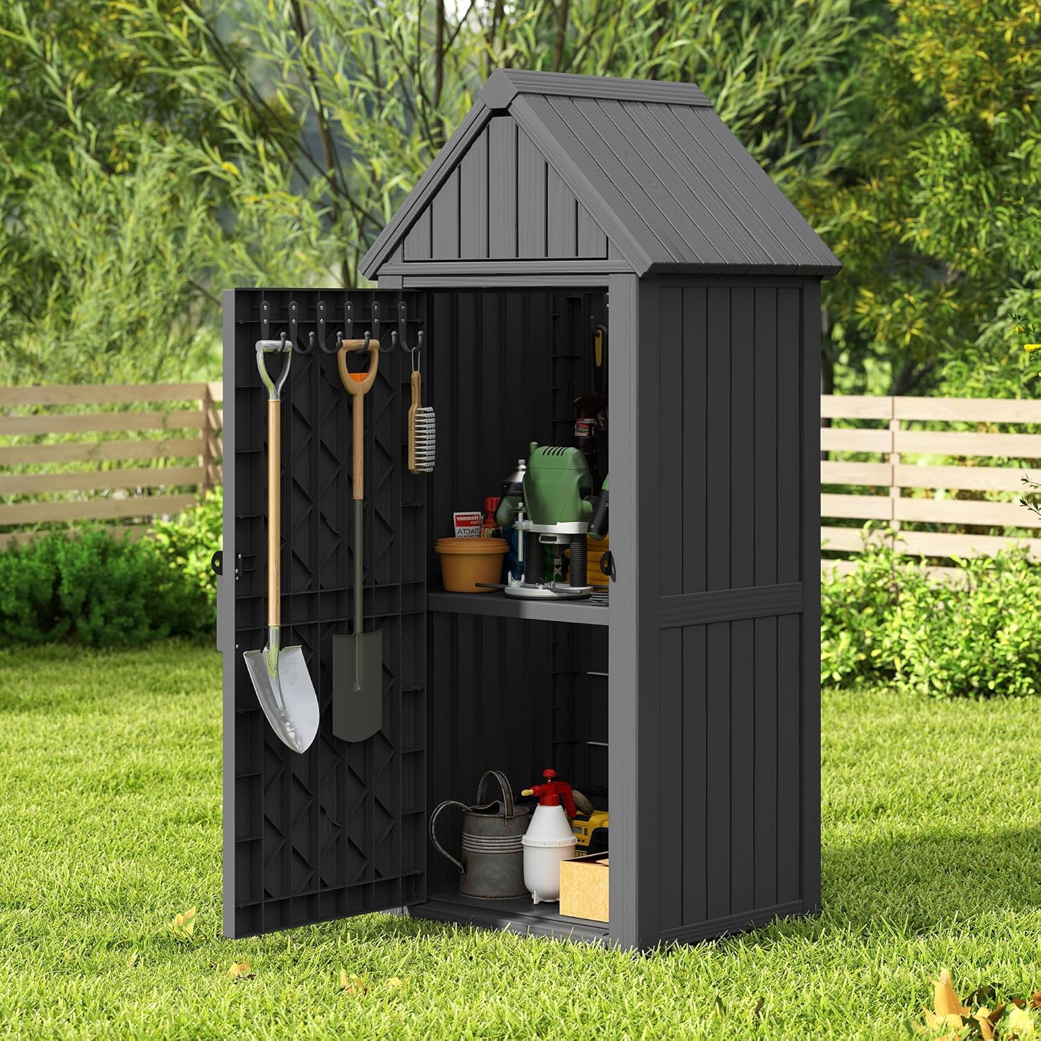 LHBcraft Shed Outdoor Storage Shed with Sloping Roof and Lockable Door, Resin Outdoor Storage Box Cabinet Waterproof and Multiple Hooks for Backyard, Patio, Poolside, Black