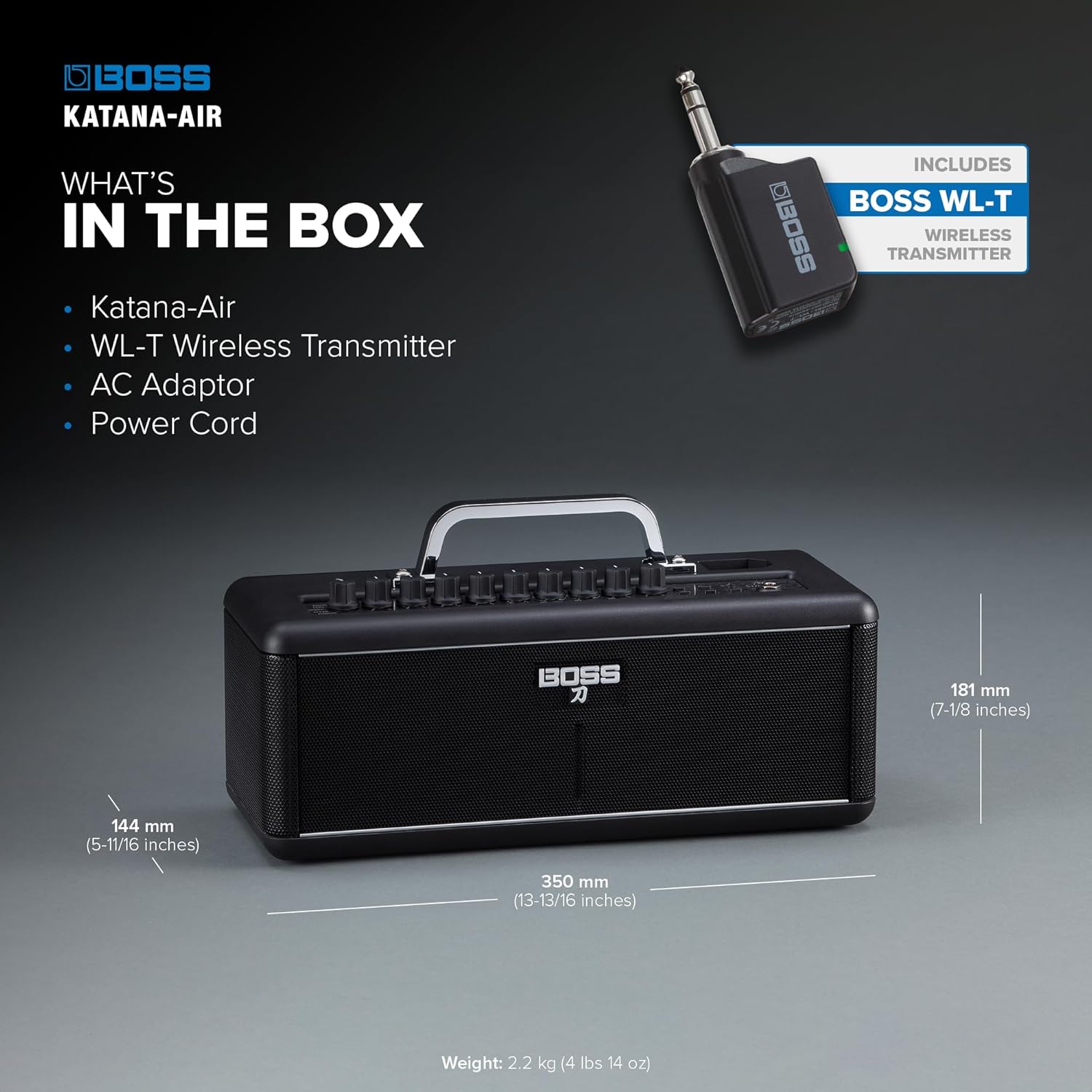 BOSS Katana-Air | Wireless Compact Desktop Amplifier for Guitar, Bass & Acoustic-Electric Guitar & Bass | 5 Amp Characters | Acclaimed Katana Amp & Effect Tones | WL-T Transmitter with Motion Sensing