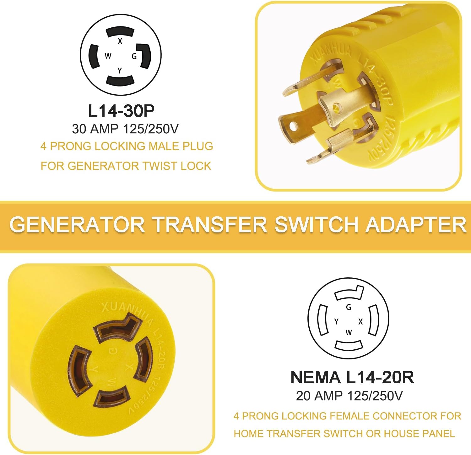 10ft Generator Transfer Switch Adapter Cord NEMA TT-30P to L14-30R and Generator Adapter NEMA L14-30P to L14-20R
