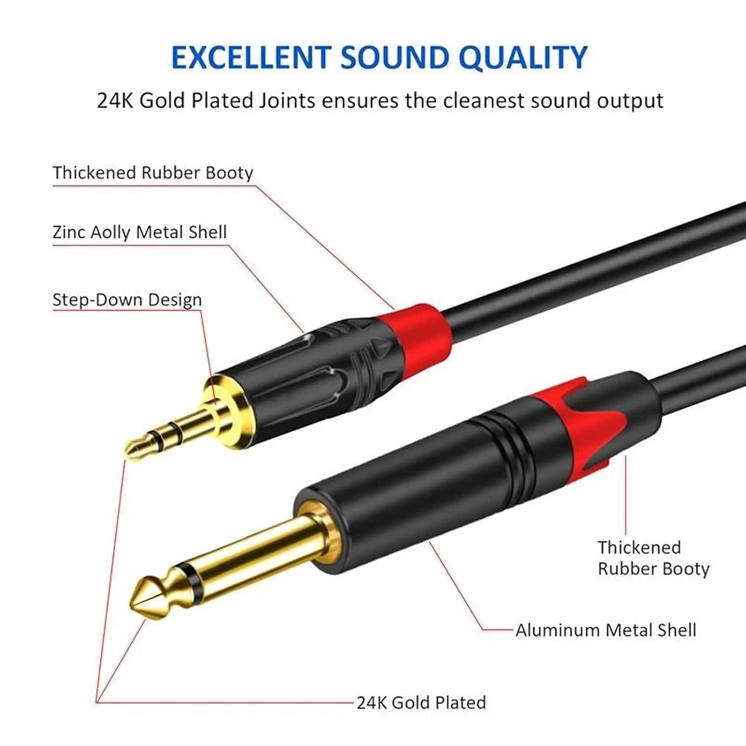 Guitar Audio Cable Longer Cable 6.5mm to 3.5mm Single Track Speaker Cable for PC Guitar DVD Mixer Phone Computer Amplifier Cable(Red,10m)