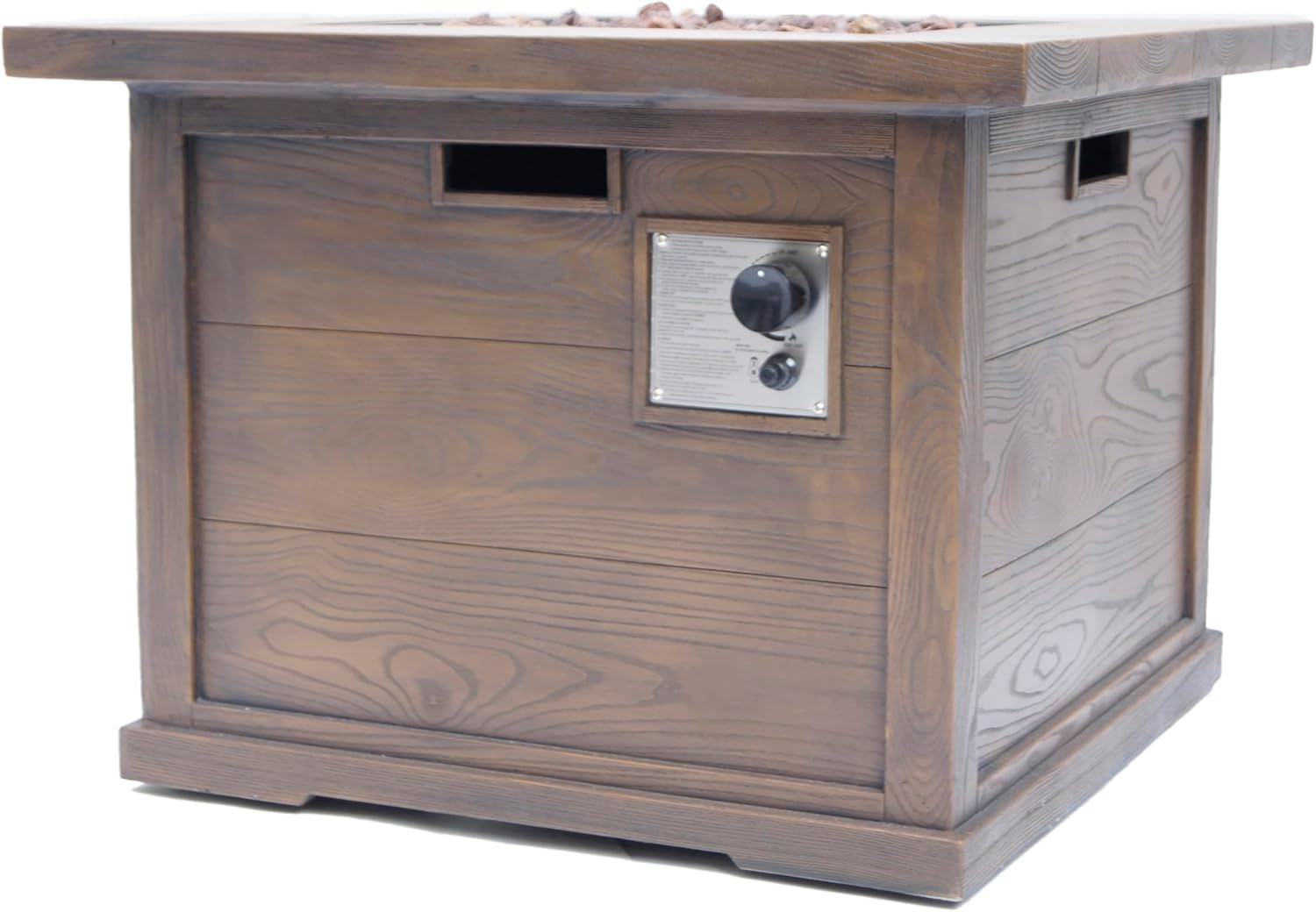 32 Inch Square Propane Fire Pit Table with Built-in Tank Space, 40,000 BTU Outdoor Fire Pit in Brown Wood Pattern, Portable Concrete Composite Fire Pits for Patio Backyard Garden, Only Table - 640K