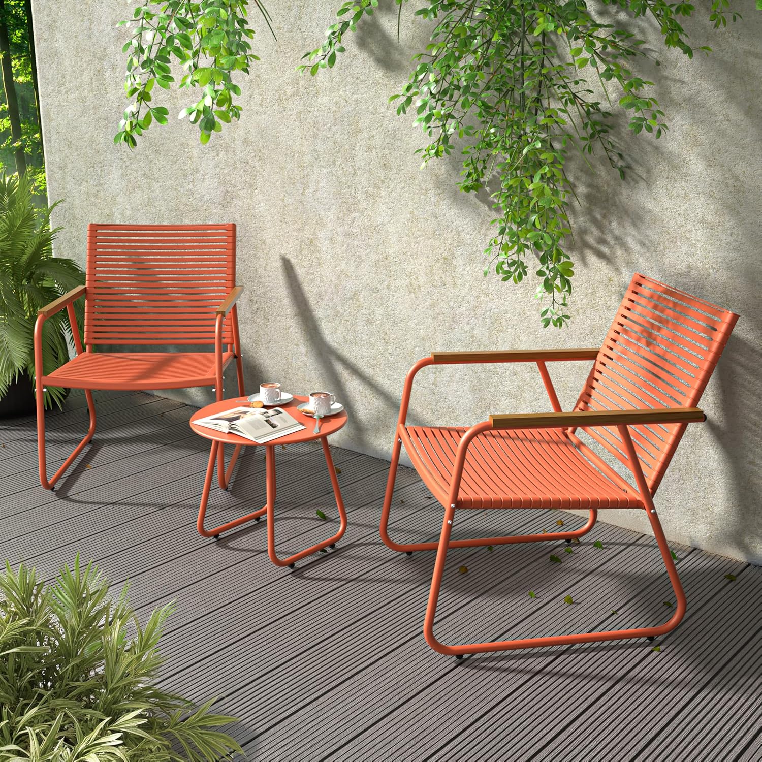 MBY 3-Piece Patio Furniture Set, Compact Outdoor Conversation Set with 2 Chairs and Glass Table, Weather-Resistant for Apartment Patio, Small Spaces, Balcony, Backyard – Orange