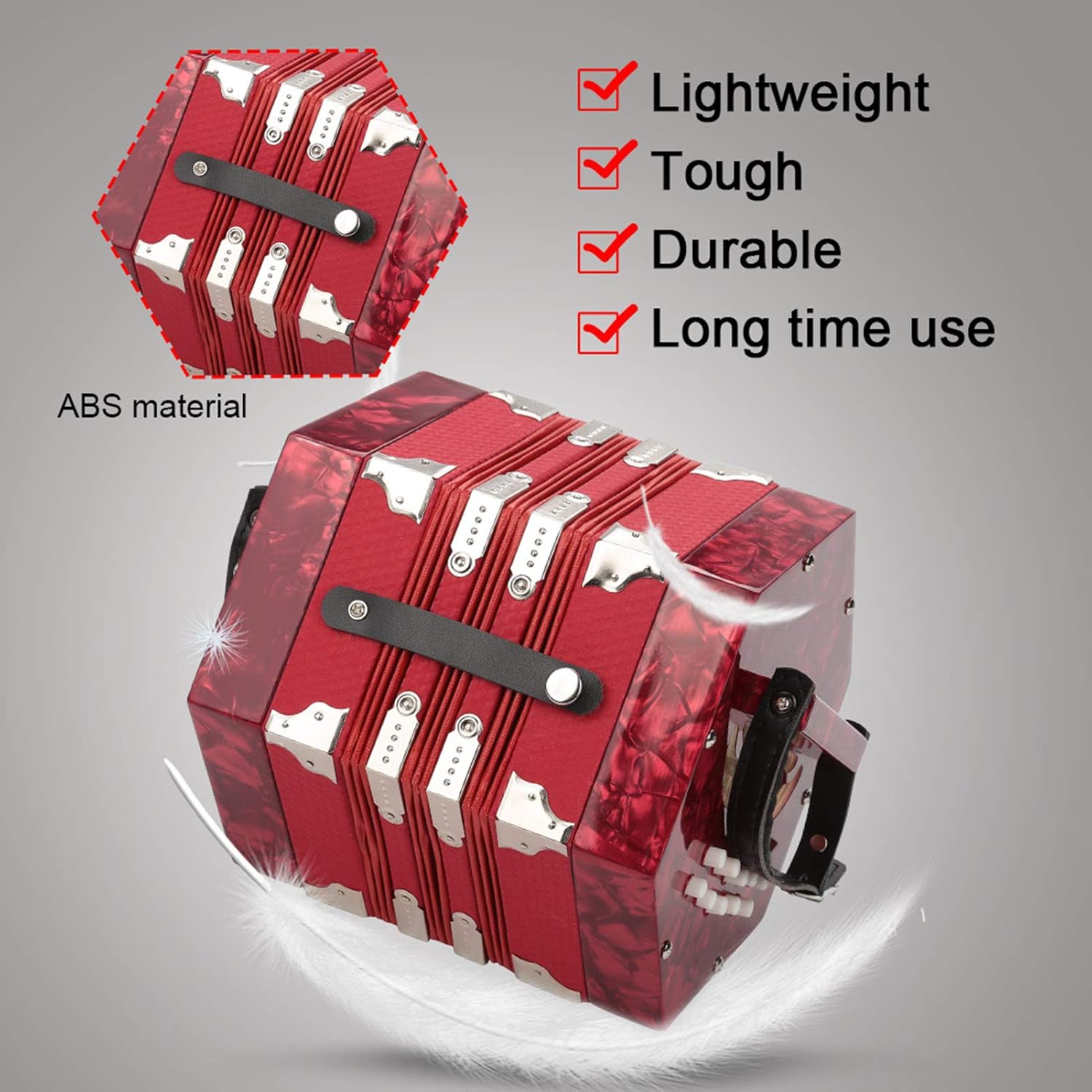 Accordion Concertina 20 Buttons, for Adults ABS Material Buttons Accordion Musical Accessories with Adjustable Straps and Bag 20.5 X 23.5 Cm (red)
