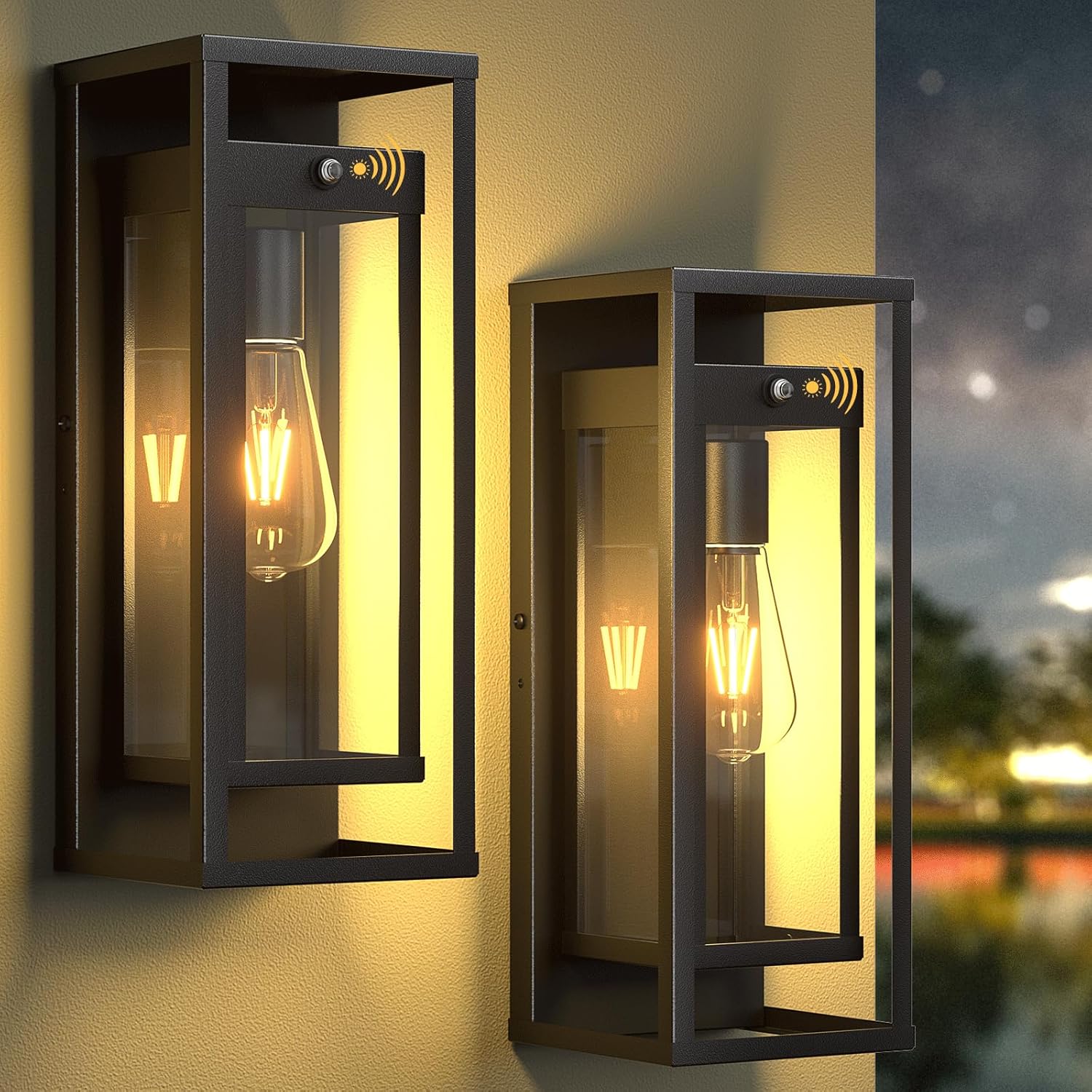 Dusk to Dawn Outdoor Wall Light 2Pack-15in Waterproof Large Porch Sconce Wall Mounted Modern Exterior Lighting Fixture E26 Black Lantern for Outside House Garage Entryway