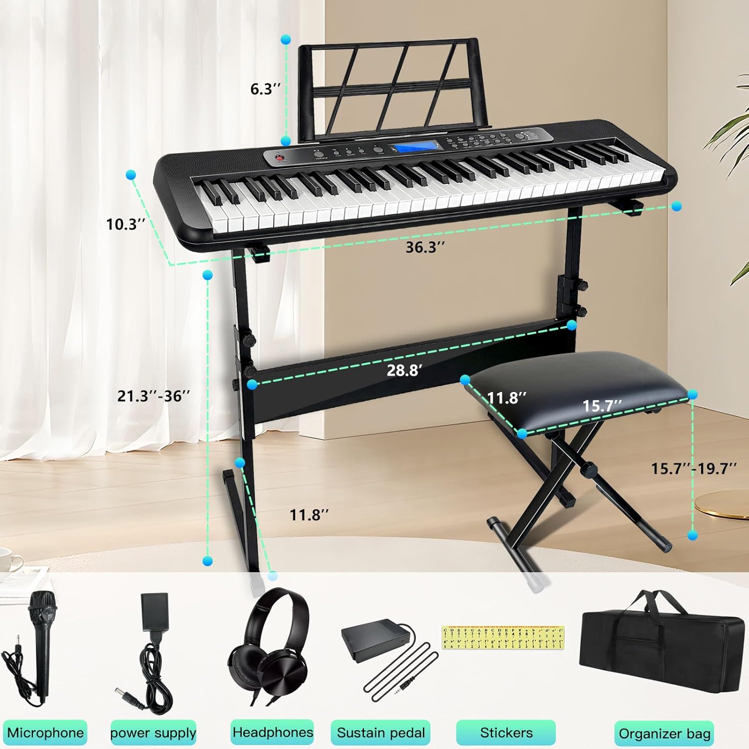 AQNIEGEP Pro 61-Key Electric Keyboard Piano w/LCD & Sustain Pedal, Full-Size Studio Keyboard w/Stand, Bench, Headphones, Mic, 200 Timbres/Rhythms, 80 Songs, Professional Piano Keyboard for All Levels