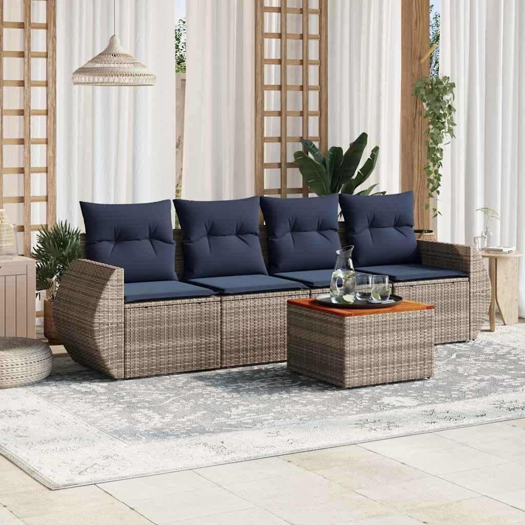 5 Piece Garden Sofa Set, Grey Poly Rattan Outdoor Patio Furniture with Cushions, Acacia Wood Table, Weather-Resistant Balcony Dining Set
