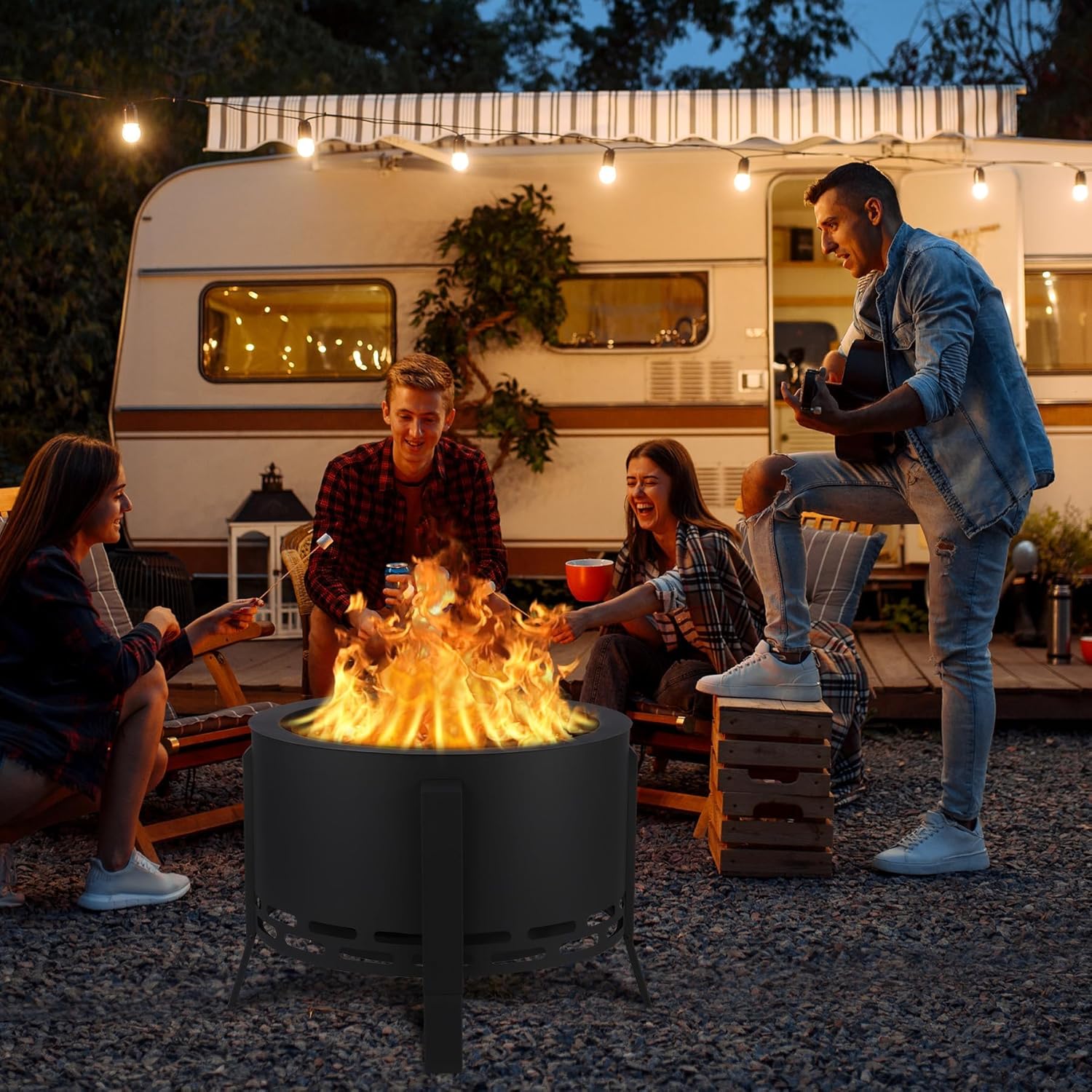 Smokeless Fire Pit 26'', Adjustable Foot Fire Pits for Outside Wood Burning Portable Small Fire Pit with Poker, Stand & Bonfire Pit for Patio, Pitch Charcoal