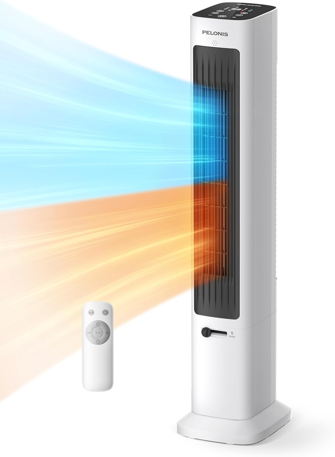 PELONIS Oscillating Tower Fan and Heater Combo with Remote Control - Heater Fan Combo for Indoor Use – 3 Fan and 2Heater Speeds, 12-HR Timer, ECO Mode, Tip Over and Overheat Protection, White